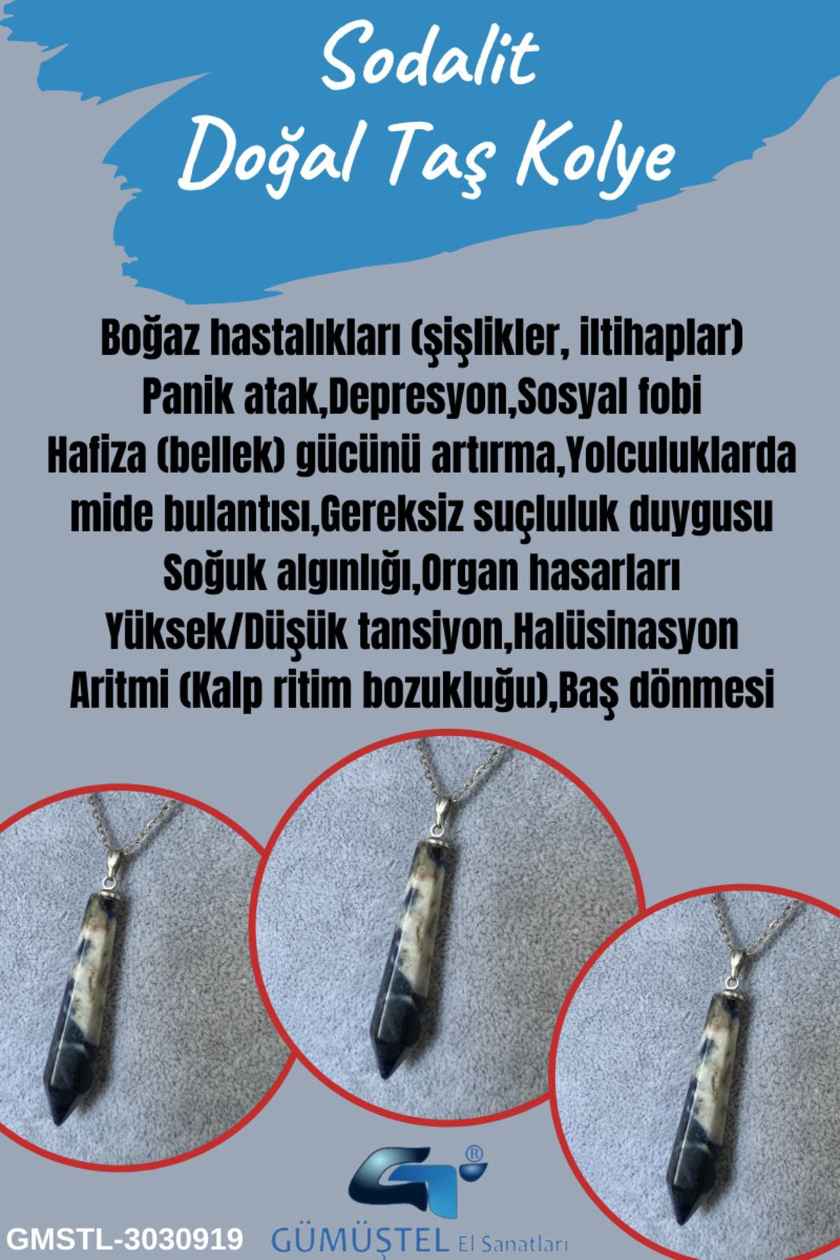 Sertifikalı Sodalit Doğal Taş Pandül Kolye Zincir