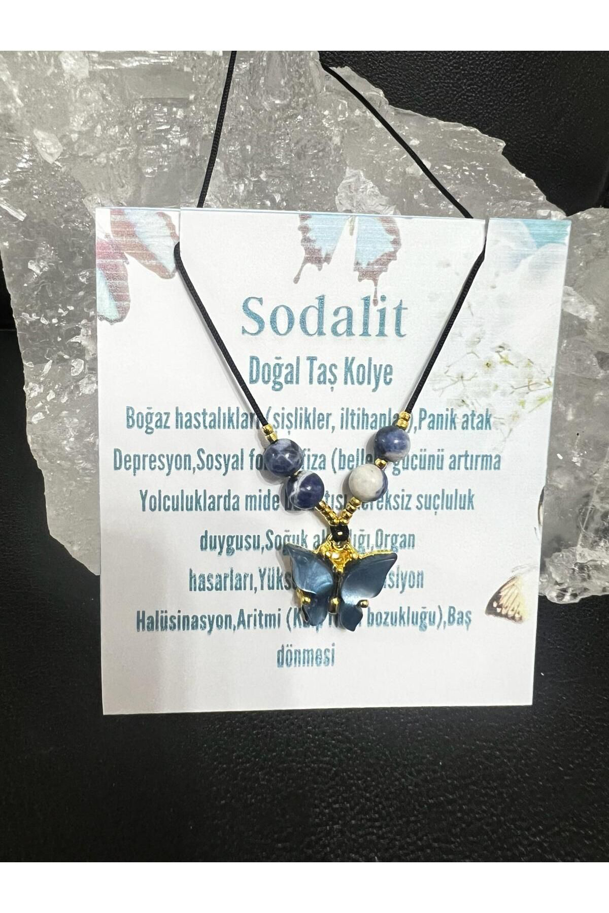 Sertifikalı   Sodalit & Sedef Doğal Taş Kolye Kelebek Detaylı Asa