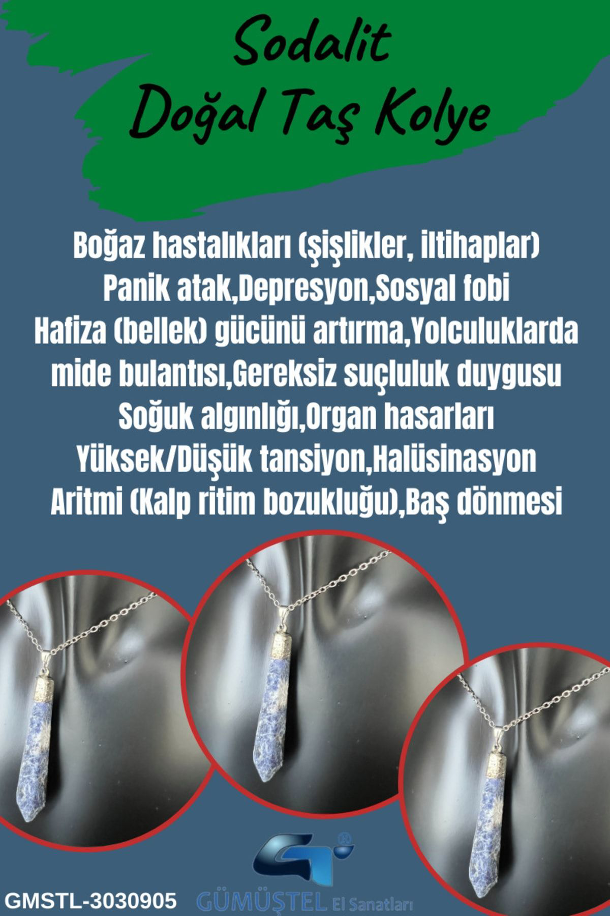 Sertifikalı Sodalit Doğal Taş Pandül Kolye Zincir Sertifikalı Sodalit Doğal Taş Pandül Kolye Zincir