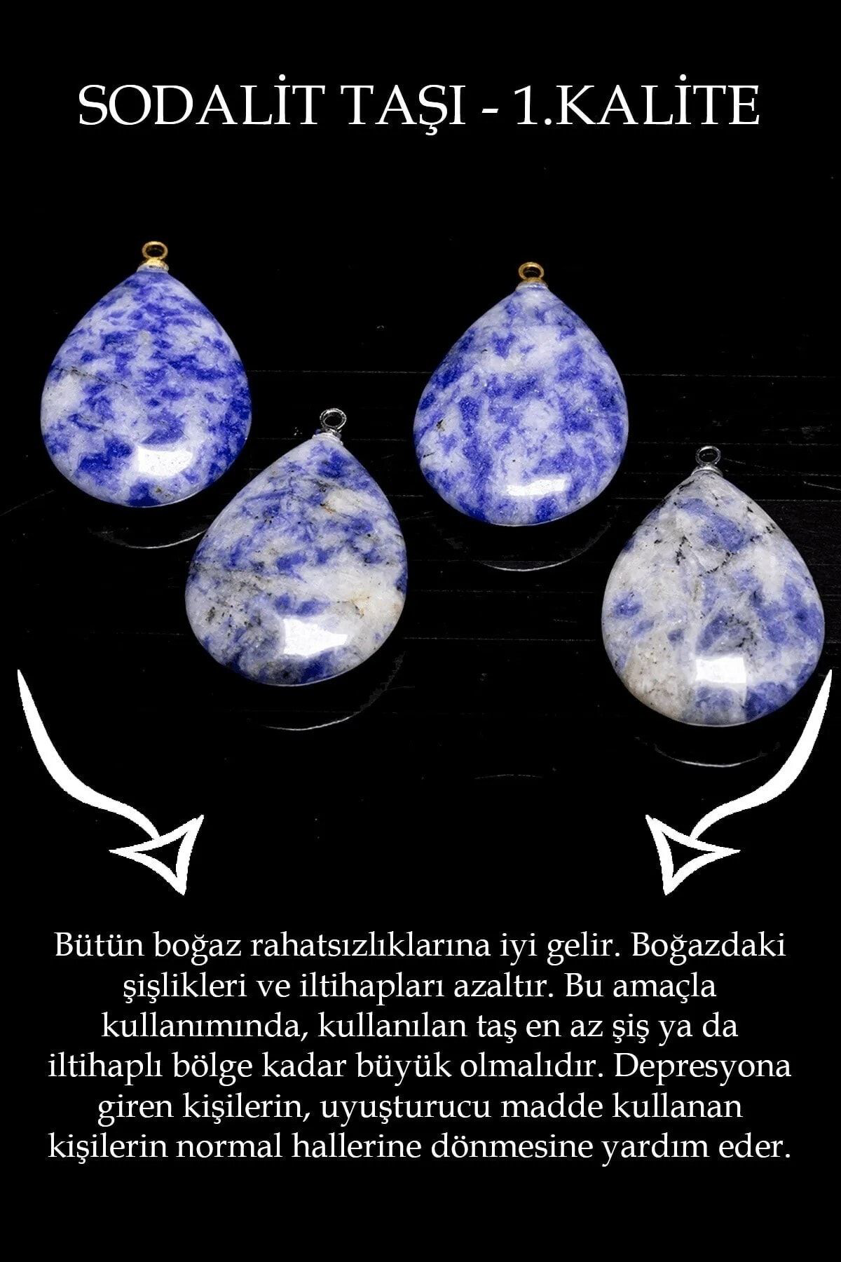 Sertifikalı Sodalit Doğal Taş Damla Kesim Kolye Sürpriz Hediyeli