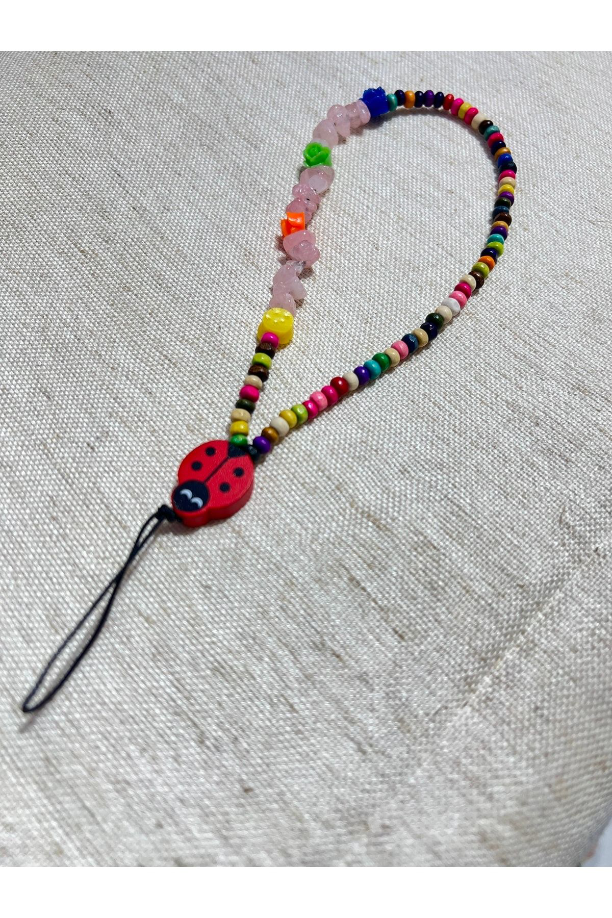 Sertifikalı Telefon Charmı Telefon Ipi Askısı Doğal Taş Pembe Kuv