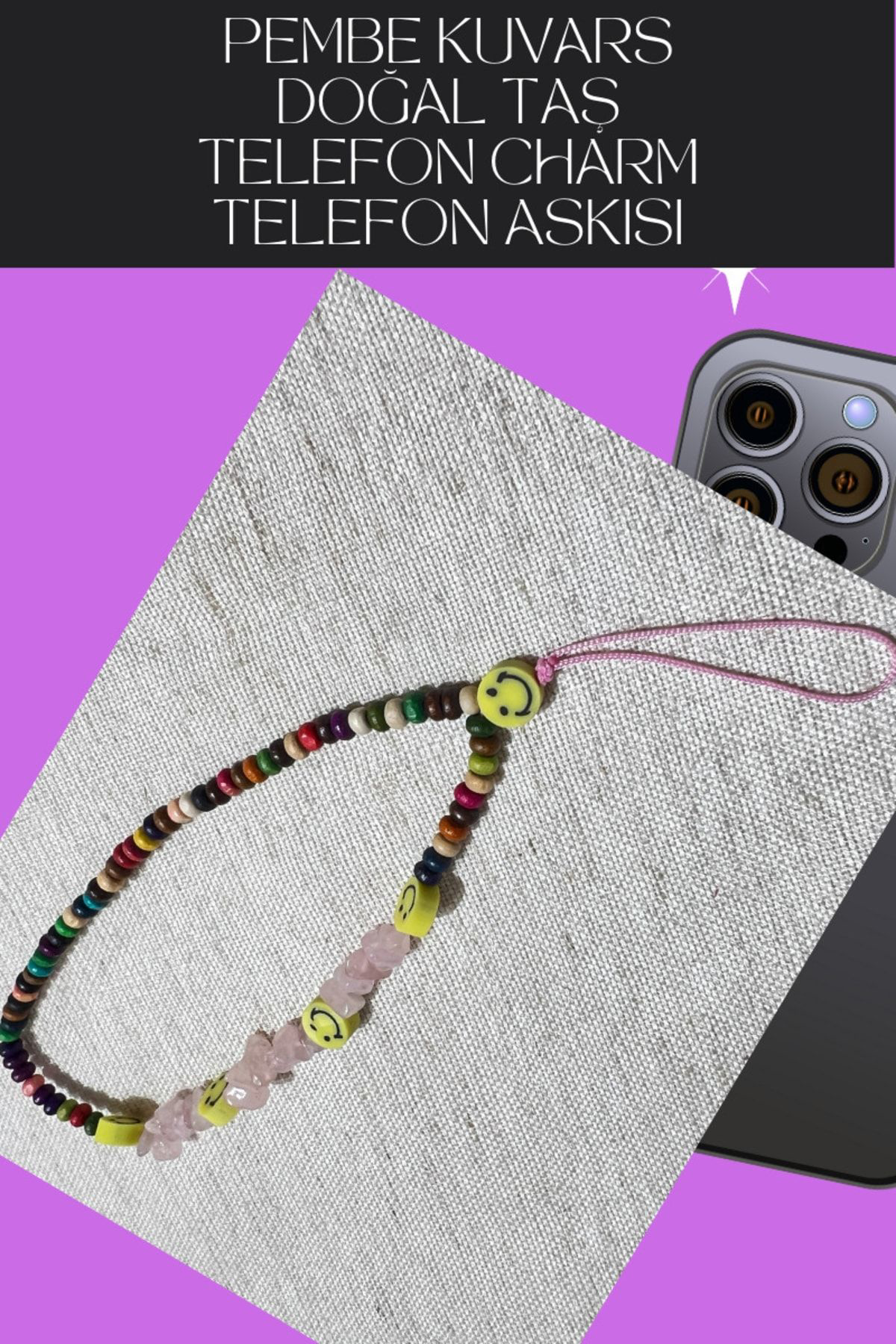 Sertifikalı Telefon Charmı Telefon Ipi Askısı Doğal Taş Pembe Kuv