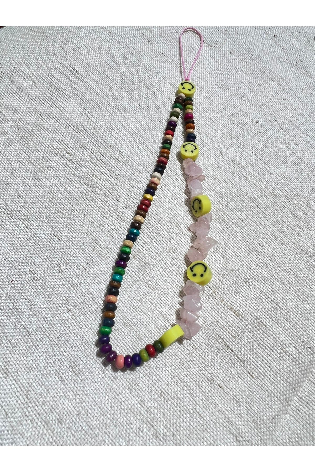 Sertifikalı Telefon Charmı Telefon Ipi Askısı Doğal Taş Pembe Kuv