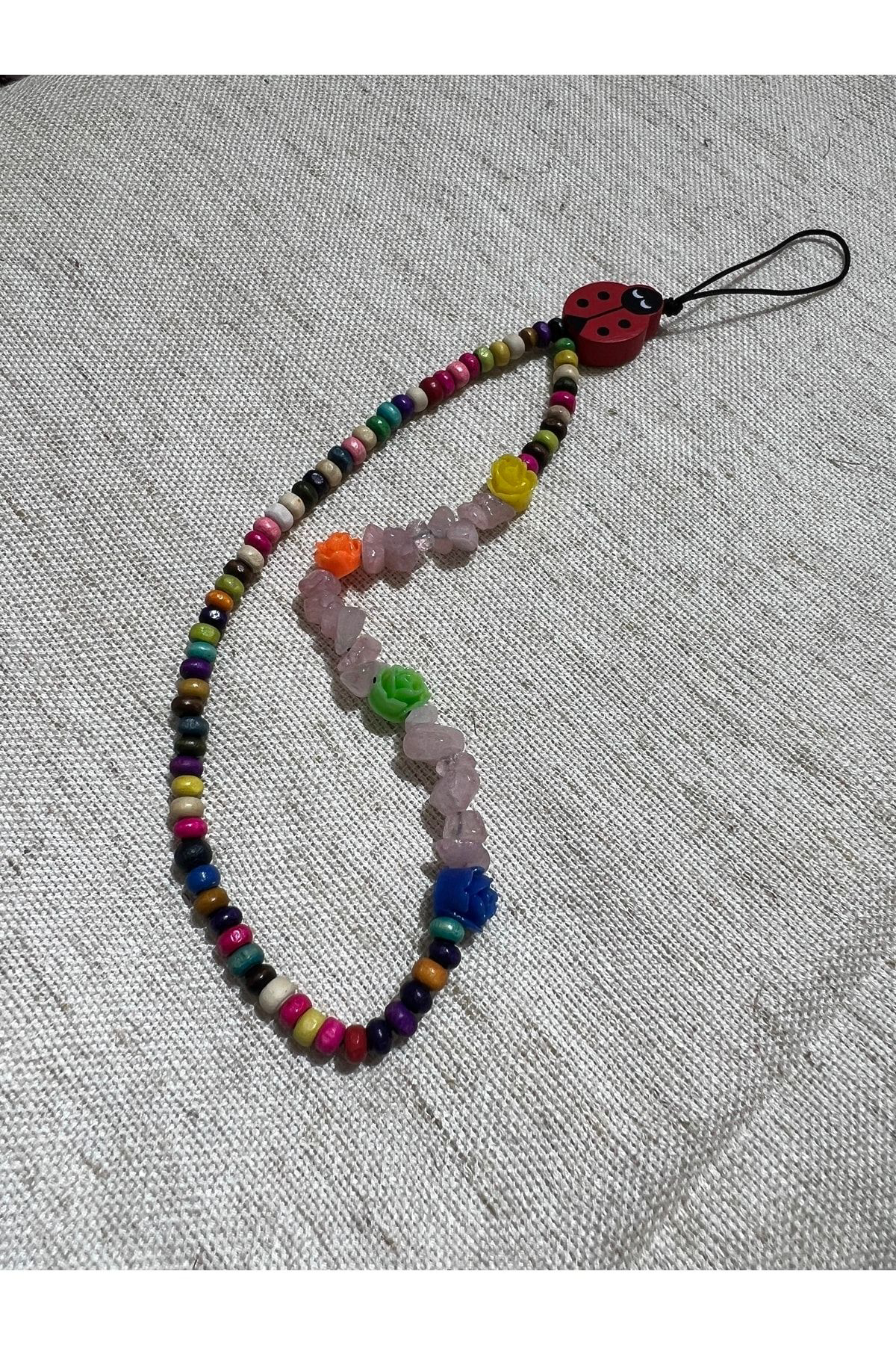 Sertifikalı Telefon Charmı Telefon Ipi Askısı Doğal Taş Pembe Kuv