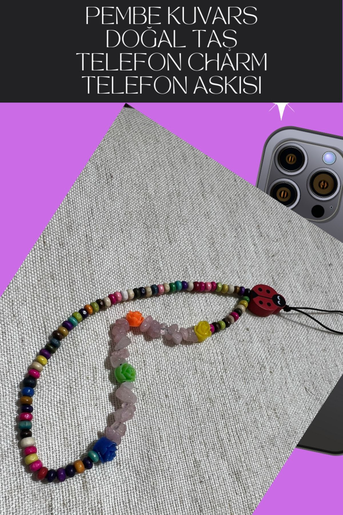 Sertifikalı Telefon Charmı Telefon Ipi Askısı Doğal Taş Pembe Kuv