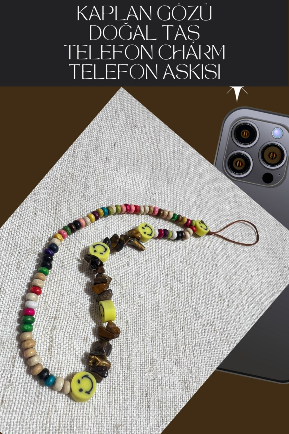 Gümüştel El Sanatlari Sertifikali Telefon Charmi Telefon İpi Askisi Doğal Taş Kaplan Gö