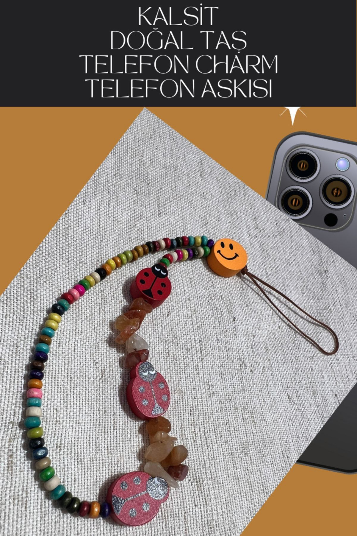 Gümüştel El Sanatlari Sertifikali Telefon Charmi Telefon İpi Askisi Doğal Taş Kalsit
