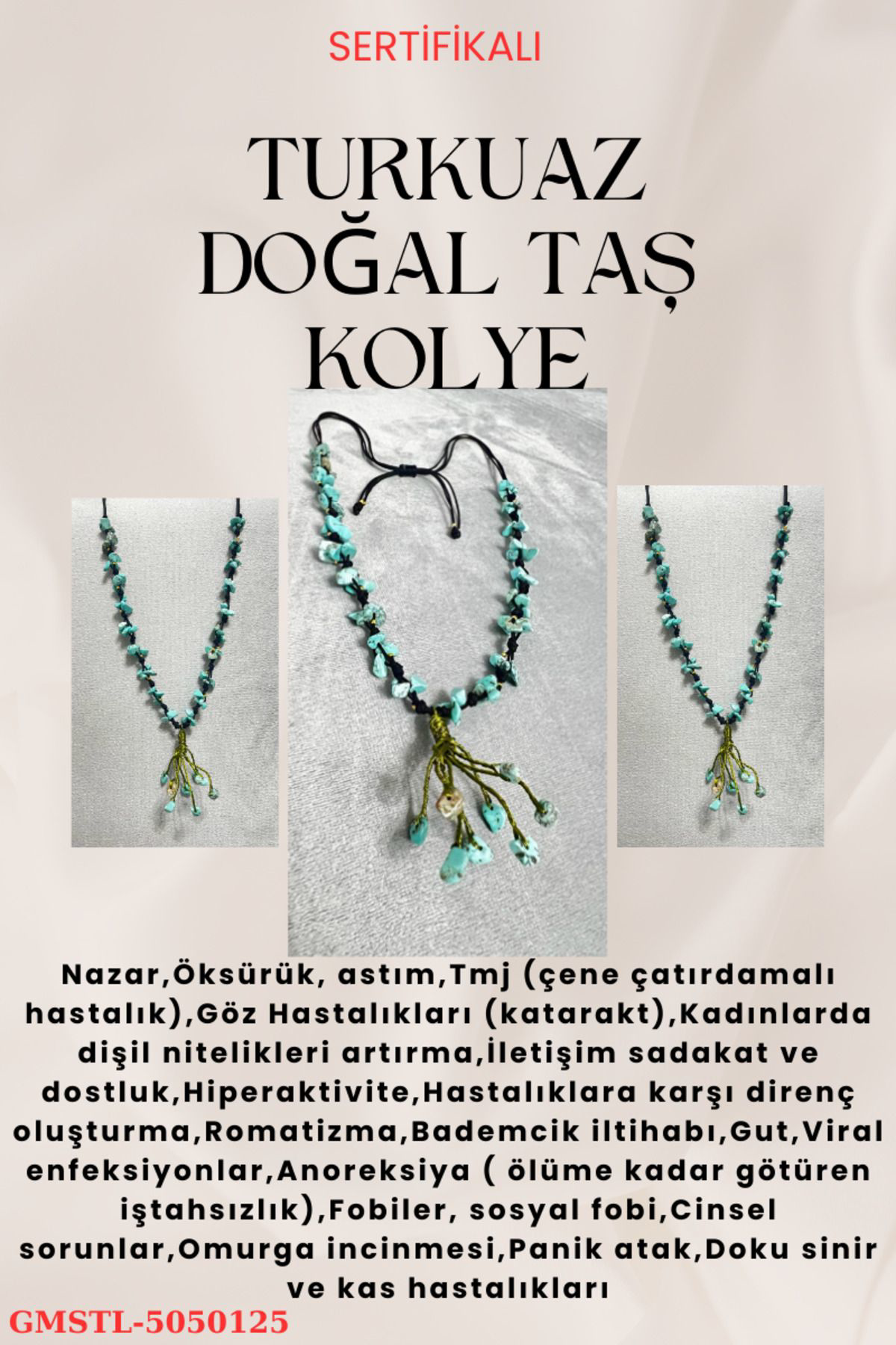 Gümüştel El Sanatlari Sertifikali Turkuaz Doğal Taş El Yapimi Tasarim Kolye