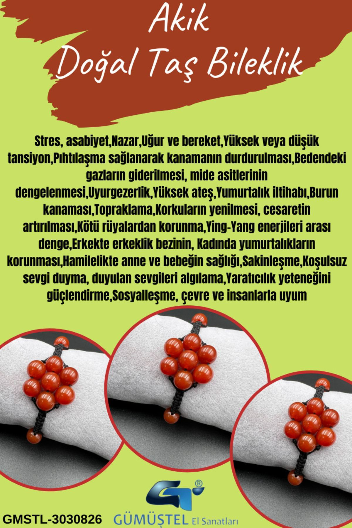 Sertifikalı Turuncu Akik Doğal Taş Bileklik Asansörlü Kilit Siste