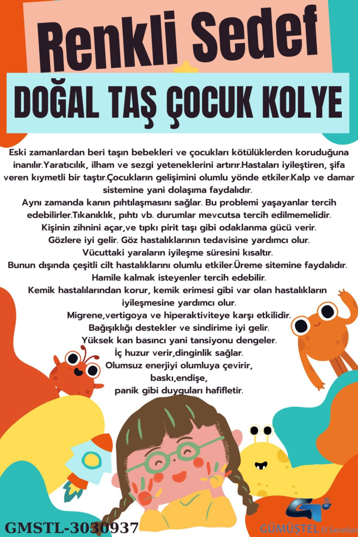 Sertifikalı Turuncu Sedef Doğal Taş Çocuk Kolyesi Asansörlü Kilit