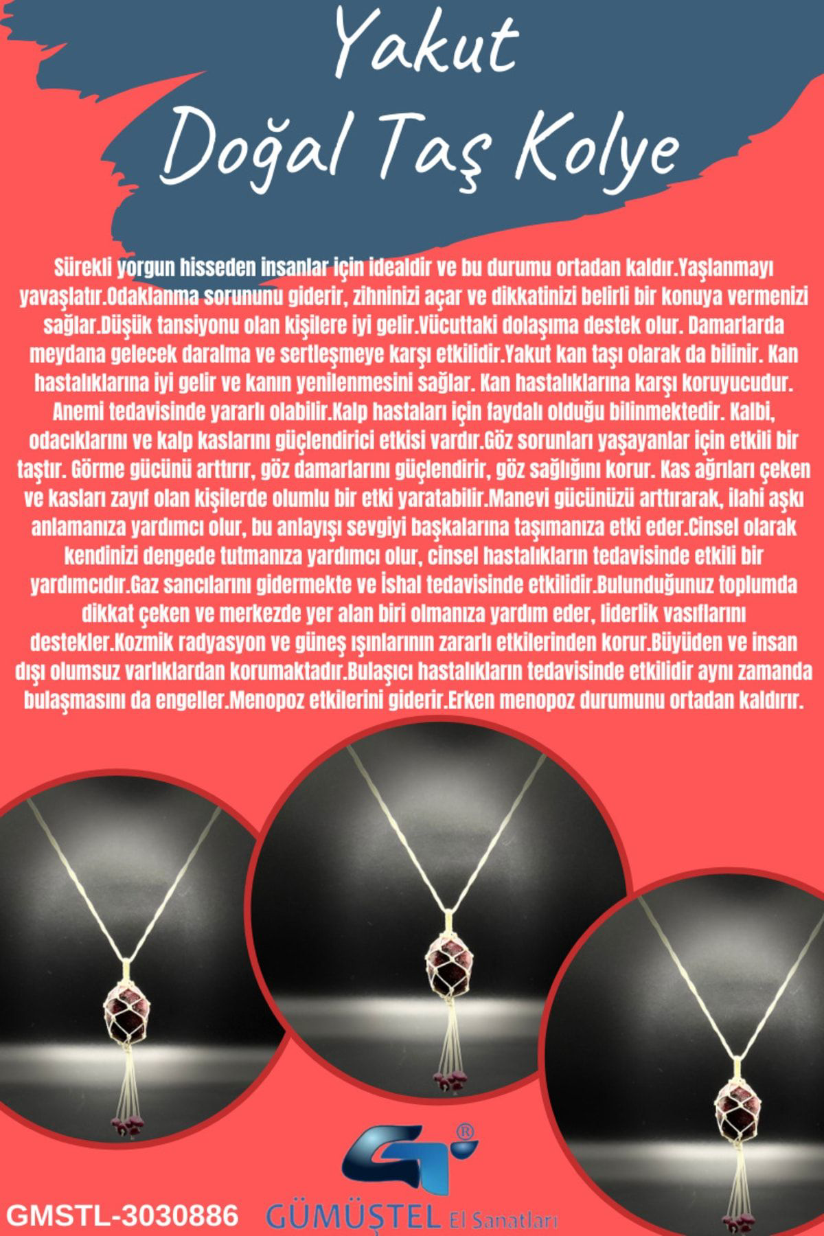 Sertifikalı Yakut Doğal Taş Tasarım Kolye El Yapımı Örgü Model Aa