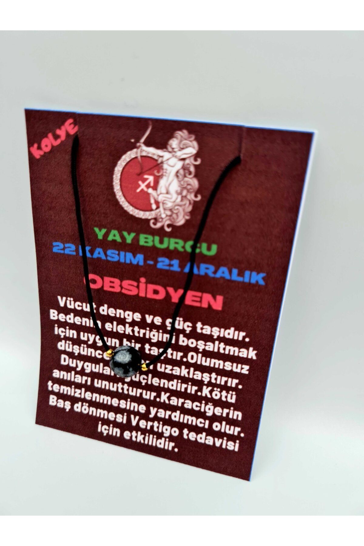 Gümüştel El Sanatlari Sertifikali Yay Burcu Obsidyen Taşi Doğal Taş Kolye
