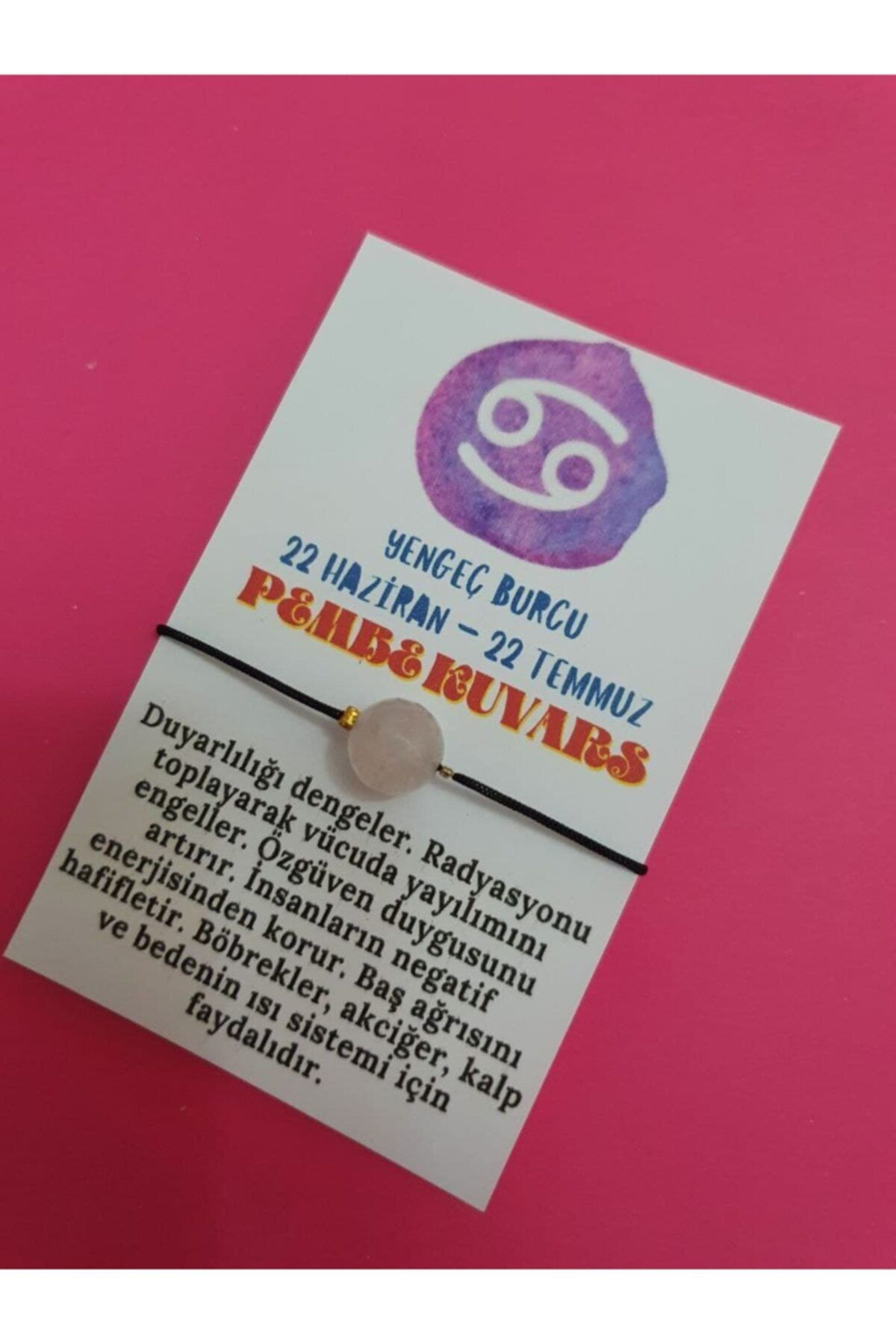 Sertifikalı Yengeç Burcu Pembe Kuvars Doğal Taş Ip Burç Bilekliği