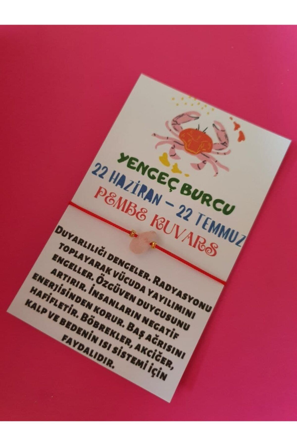 Sertifikalı Yengeç Burcu Pembe Kuvars Doğal Taşlı Ip Burç Bilekli