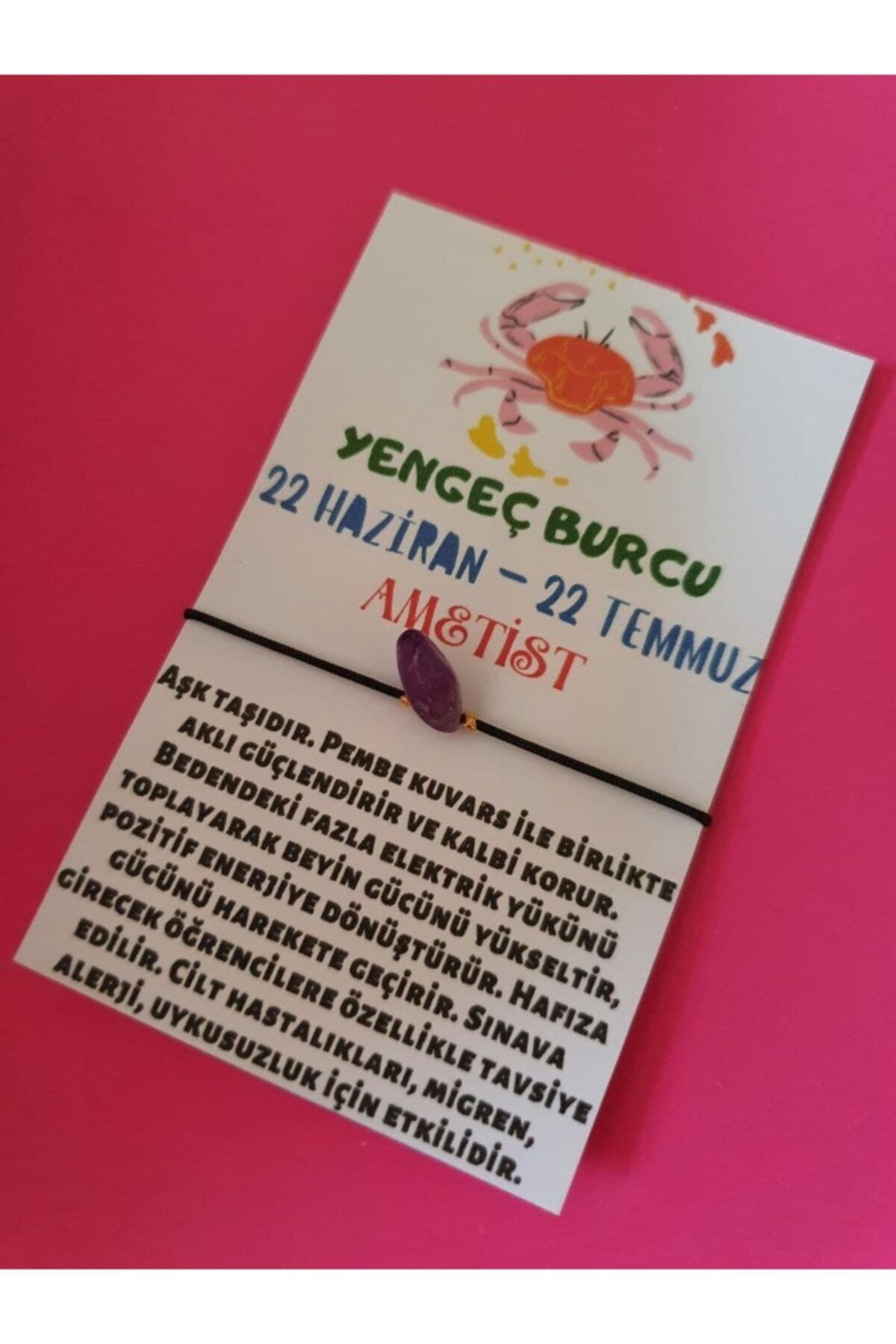 Sertifikalı Yengeç Burcu Ametist Doğal Taşlı Ip Burç Bilekliği