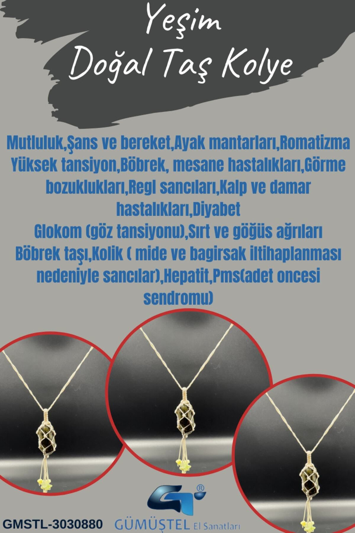 Sertifikalı Yeşim Mutluluk Taşı Doğal Taş Tasarım Kolye El Yapımı