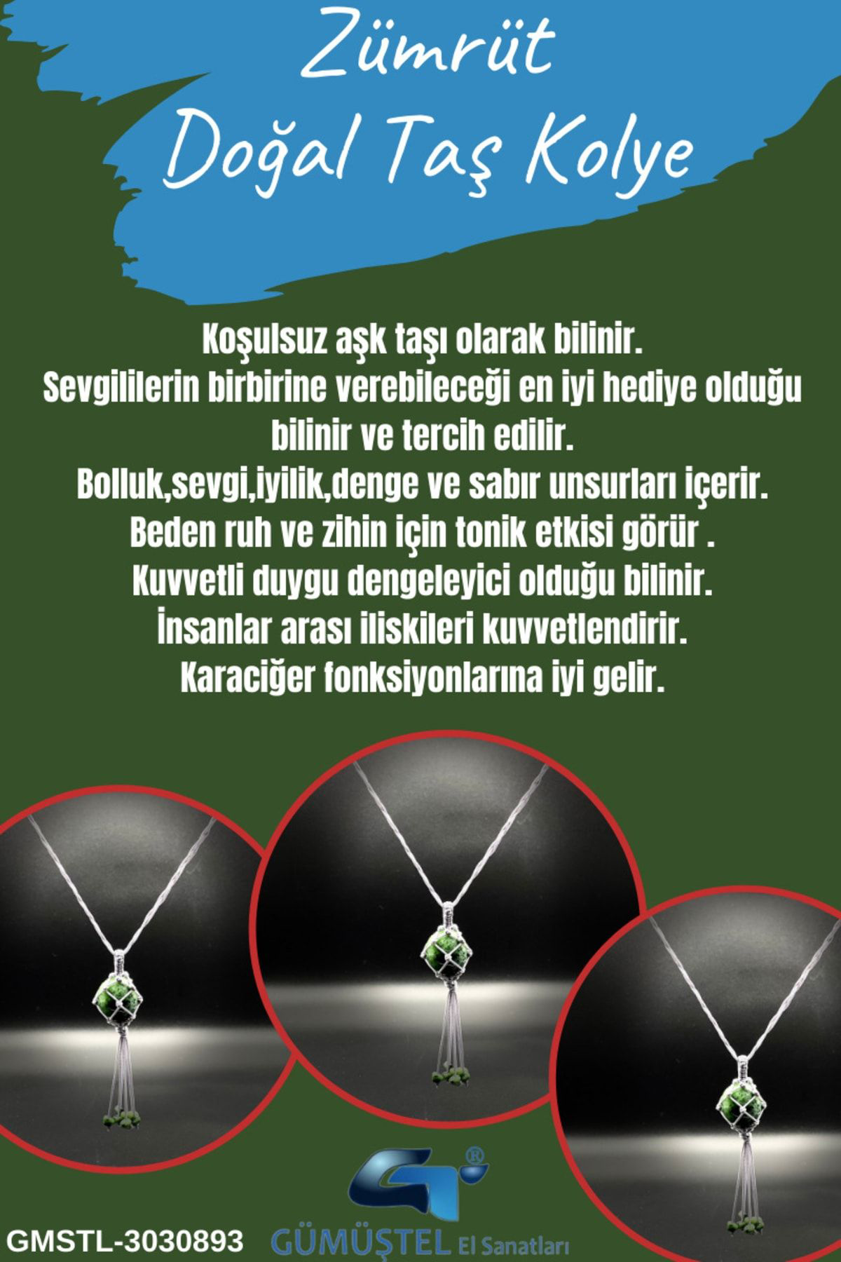 Sertifikalı Zümrüt Doğal Taş Tasarım Kolye El Yapımı Örgü Model A