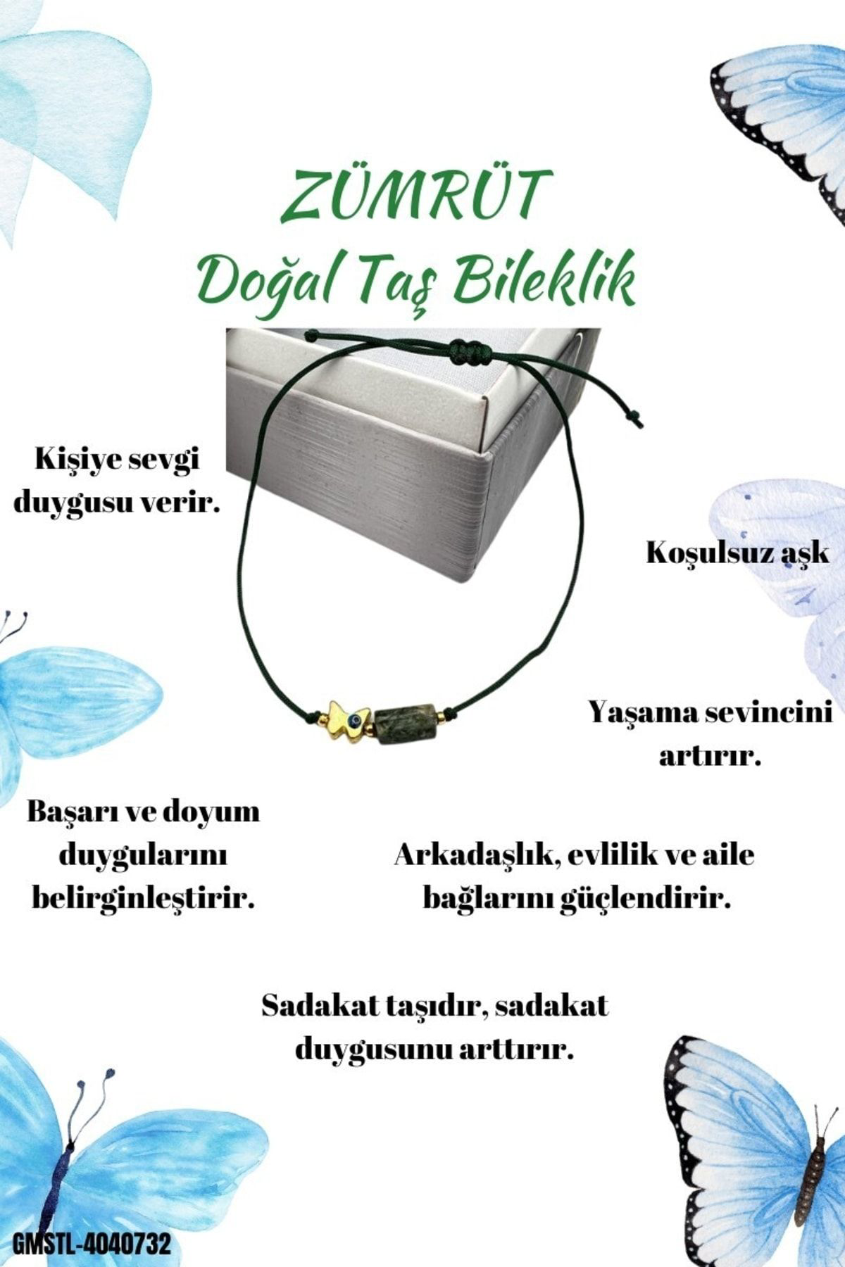 Sertifikalı Zümrüt Doğal Taş Bileklik Kelebek Obje Detaylı Makrom