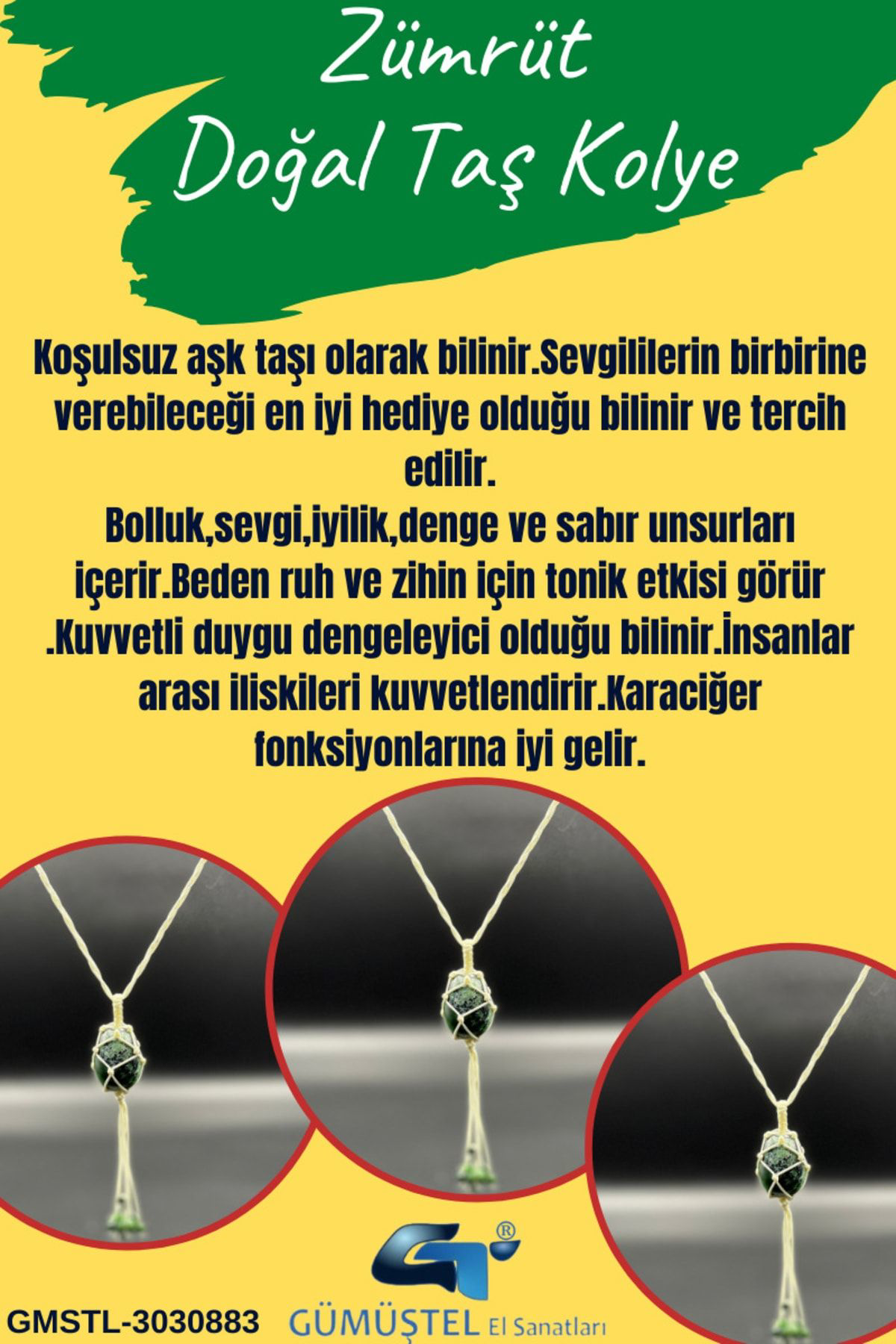 Sertifikalı Zümrüt Doğal Taş Tasarım Kolye El Yapımı Örgü Model A