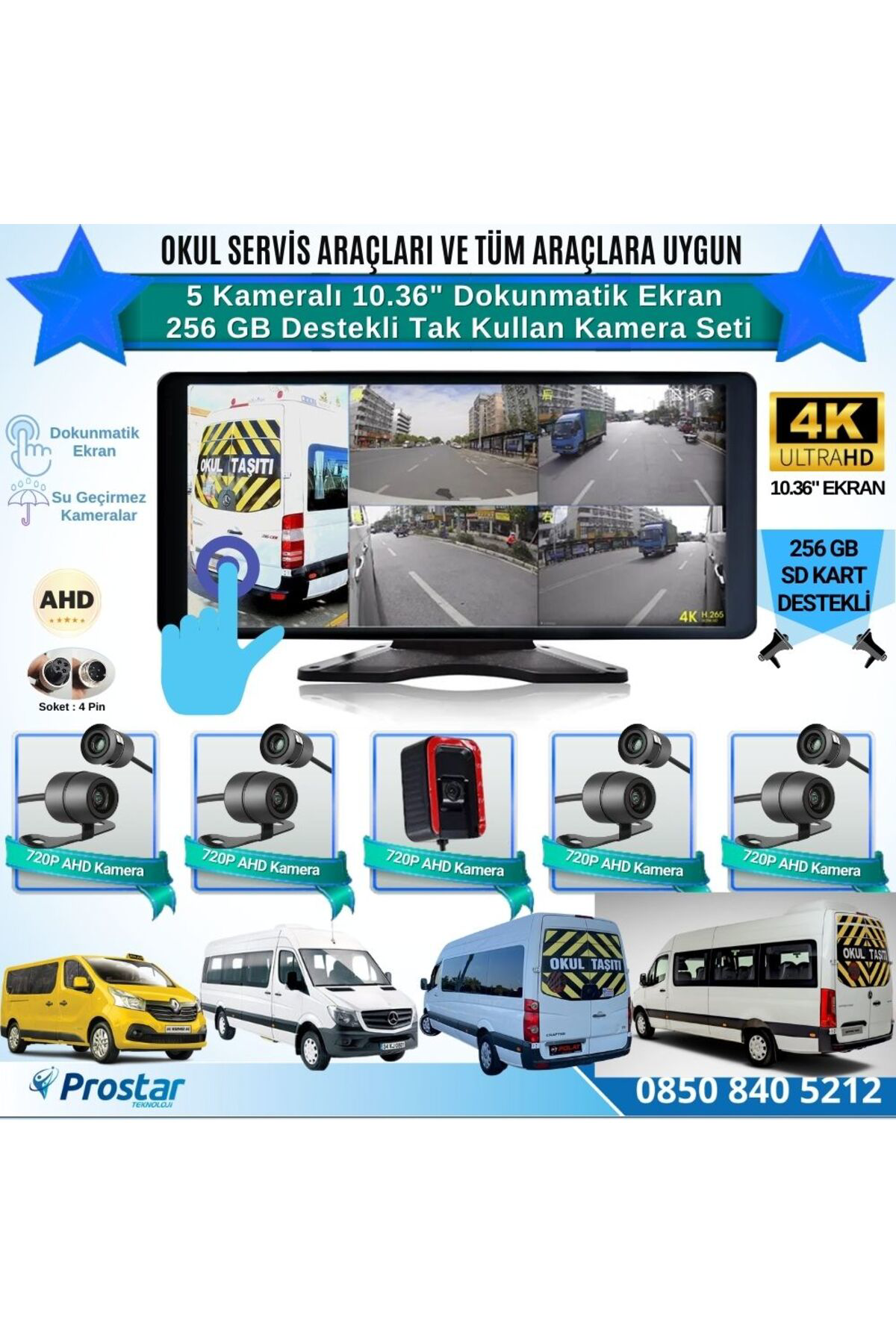 Servisler için 5 Kameralı 10.36" Dokunmatik Kayıtlı Ekranlı 256 G