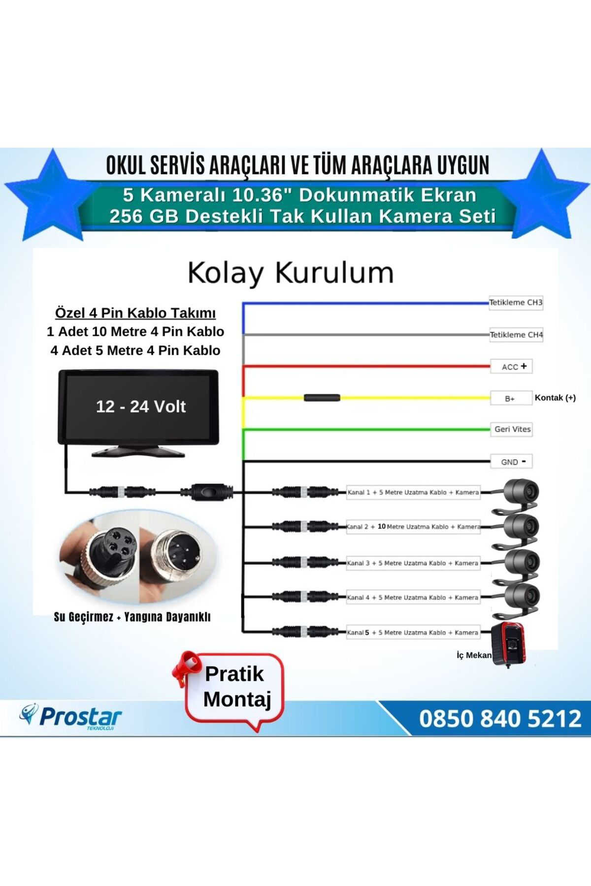 Servisler için 5 Kameralı 10.36" Dokunmatik Kayıtlı Ekranlı 256 G