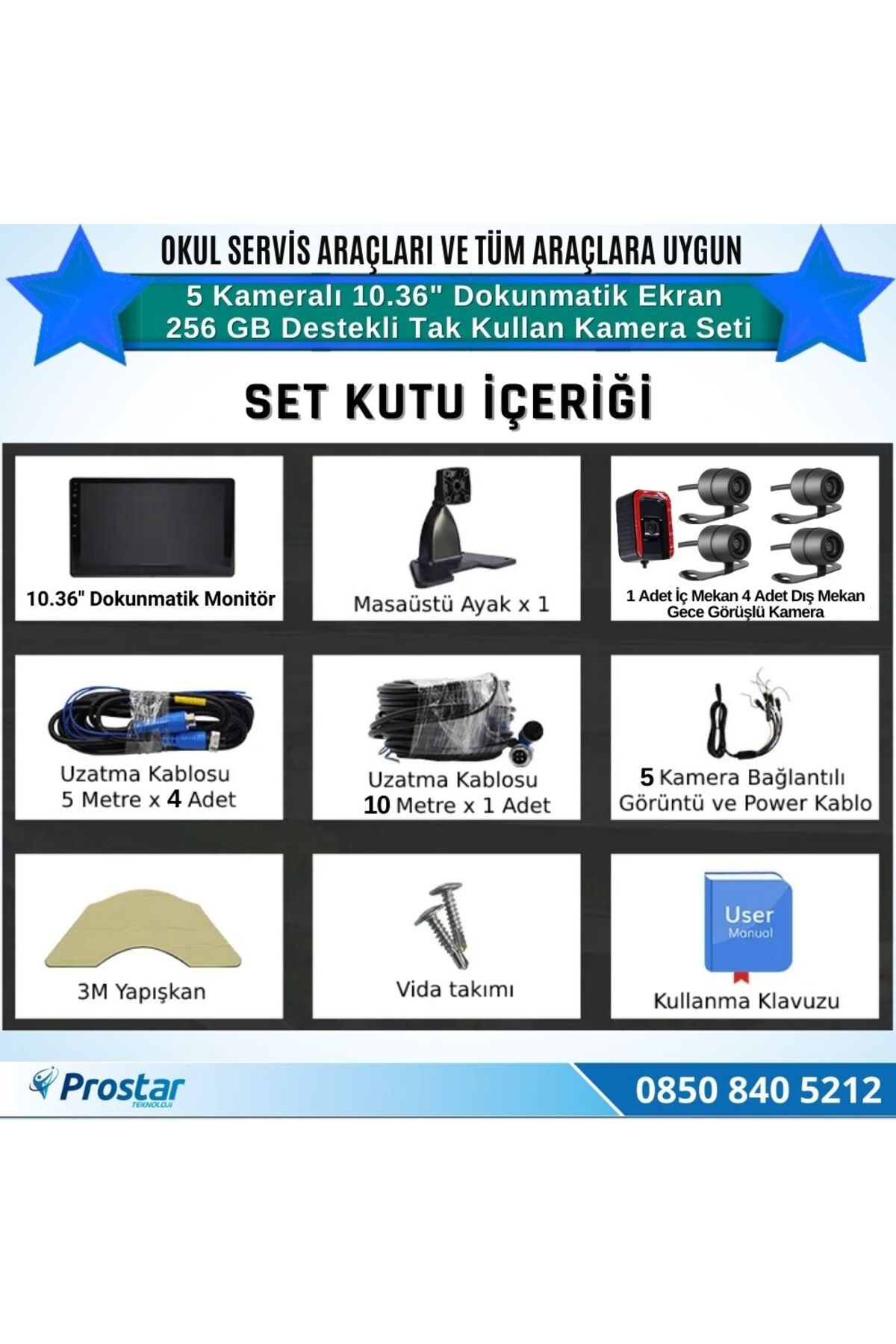 Servisler için 5 Kameralı 10.36" Dokunmatik Kayıtlı Ekranlı 256 G