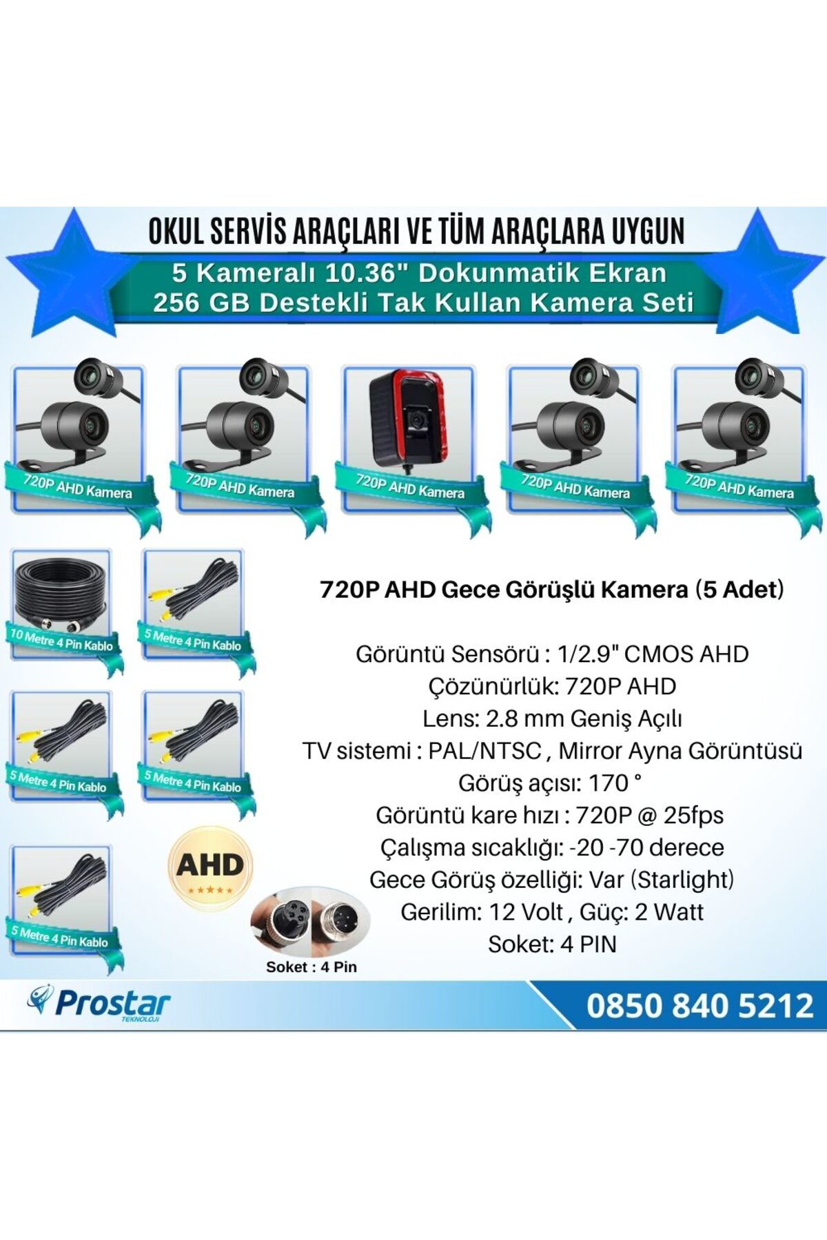 Servisler için 5 Kameralı 10.36" Dokunmatik Kayıtlı Ekranlı 256 G