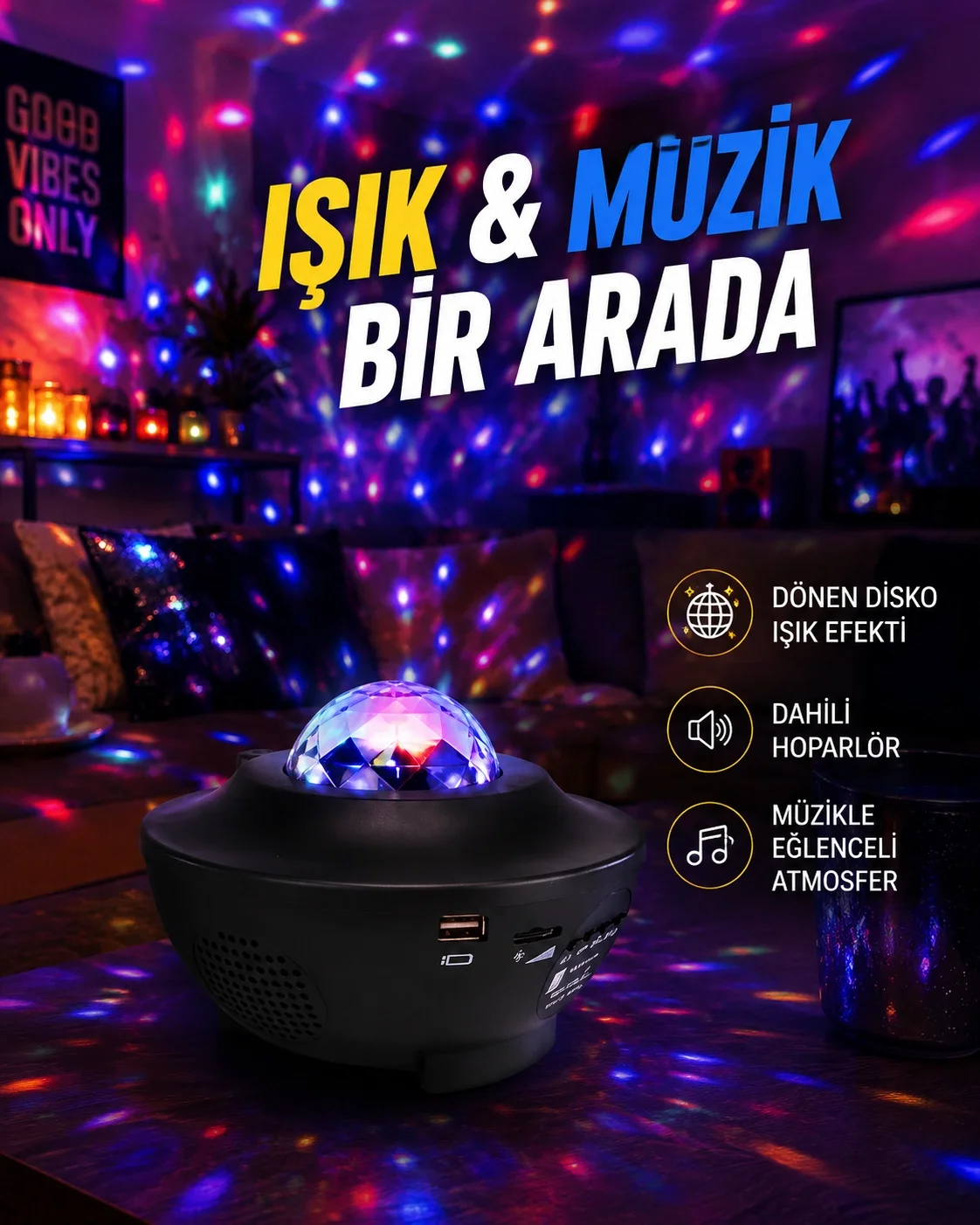 Sesle Etkileşimli Yıldız Projektörlü Gece Lambası – Bluetooth Hoparlörlü, USB Girişli, Dönen Okyanus Fiyatı, Yorumları ve Özellikleri