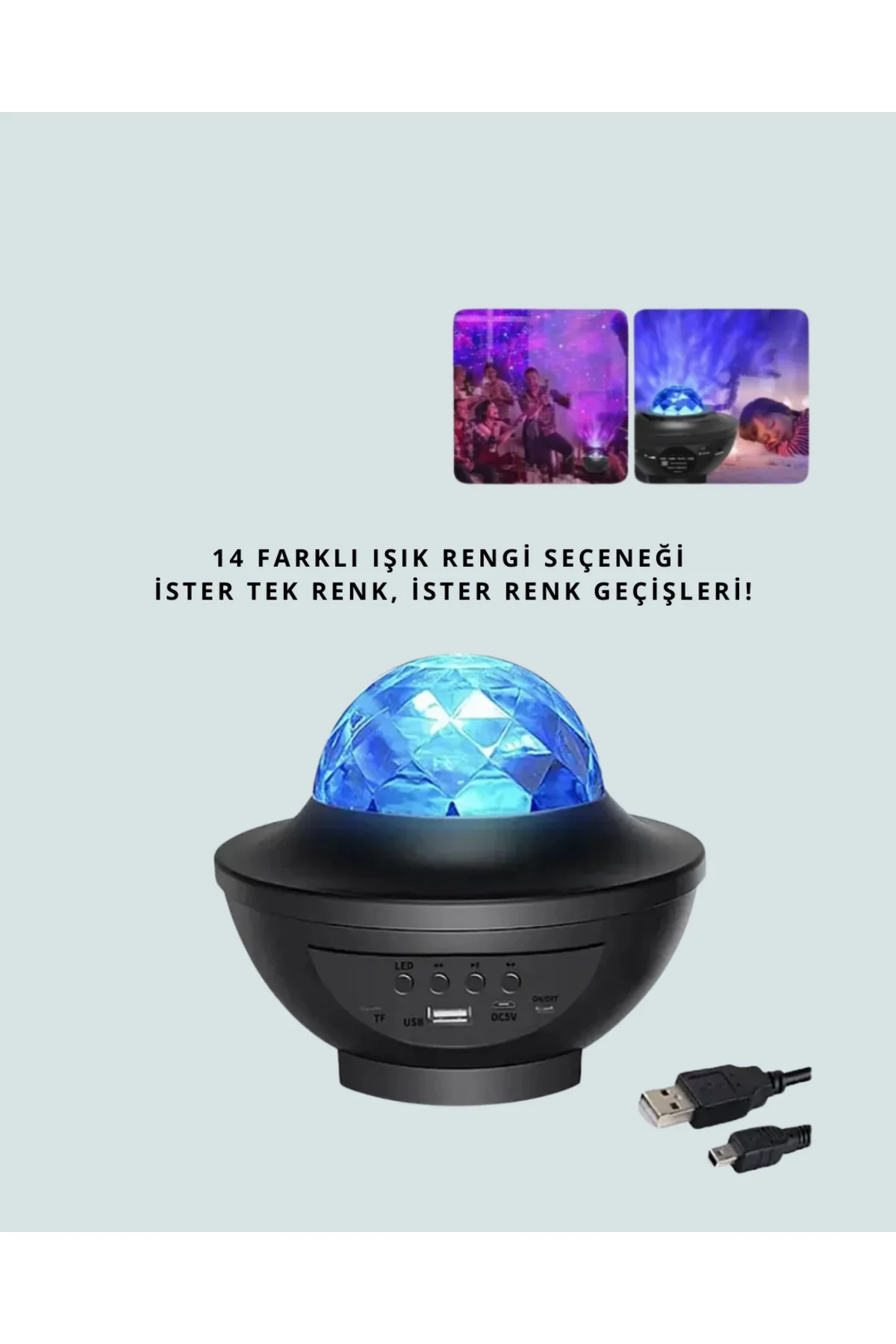 Sesle Etkileşimli Yıldız Projektörlü Gece Lambası – Bluetooth Hoparlörlü, USB Girişli, Dönen Okyanus