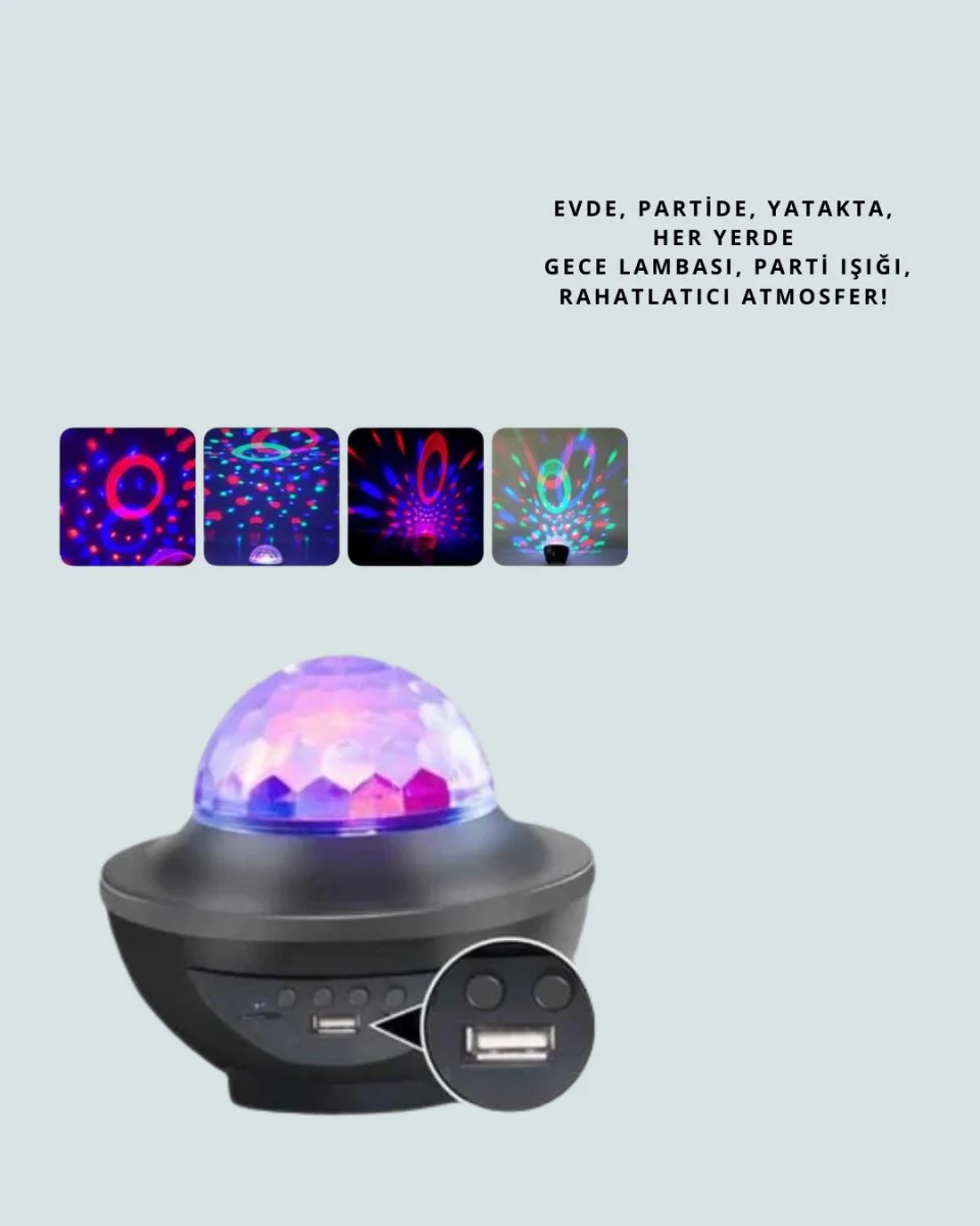 Sesle Etkileşimli Yıldız Projektörlü Gece Lambası – Bluetooth Hoparlörlü USB Girişli Dönen Okyanus