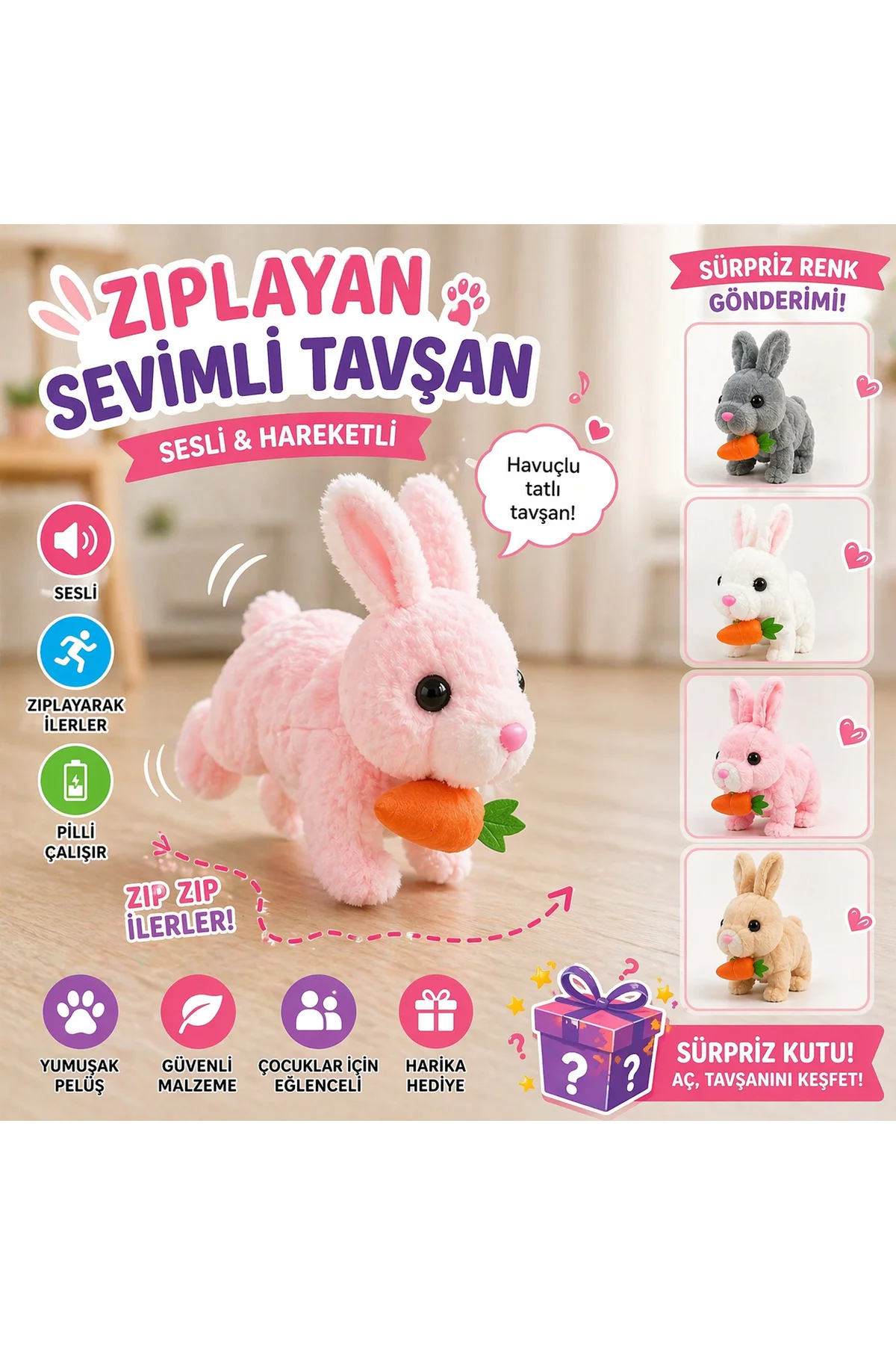 Sesli Hareketli Tavşan Oyuncak – Zıplayan Peluş Tavşan (Havuçlu)
