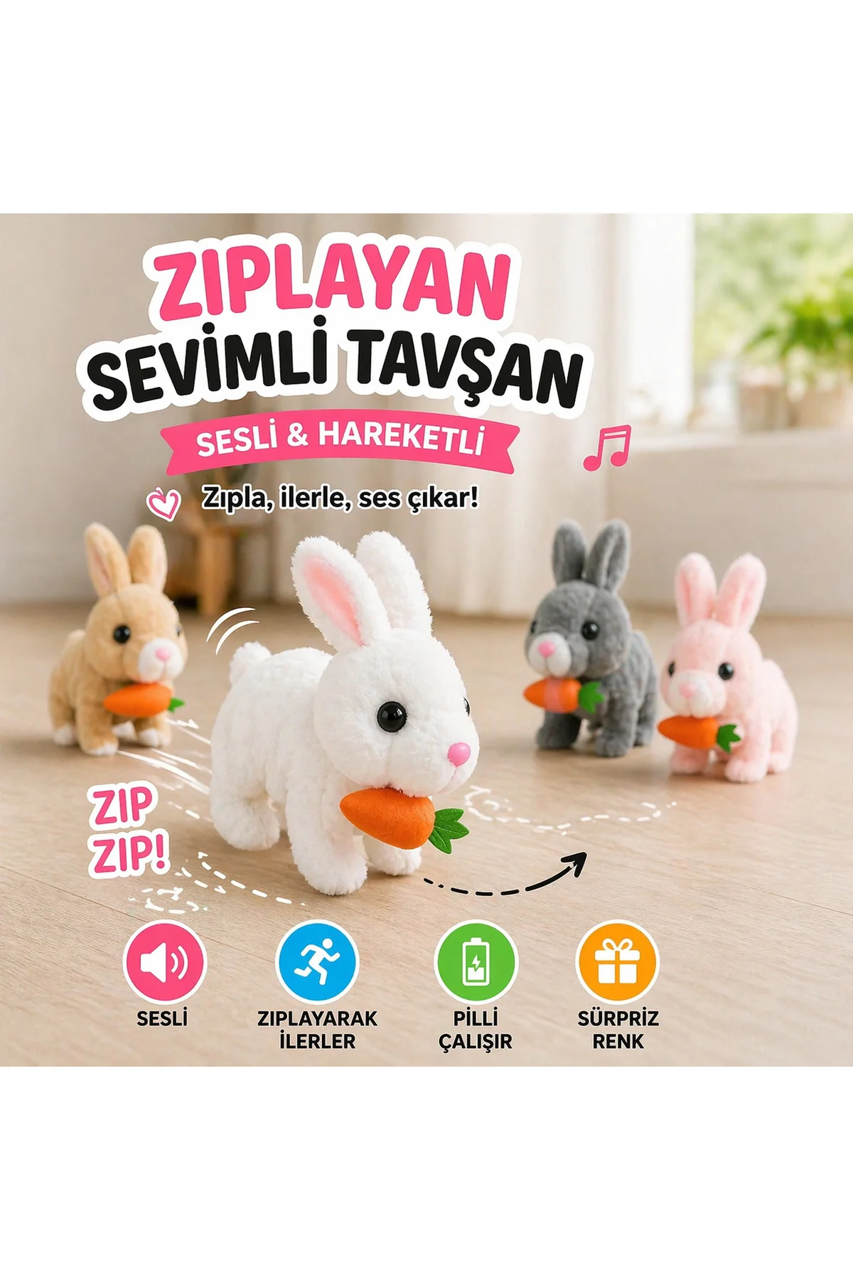Sesli Hareketli Tavşan Oyuncak – Zıplayan Peluş Tavşan (Havuçlu)