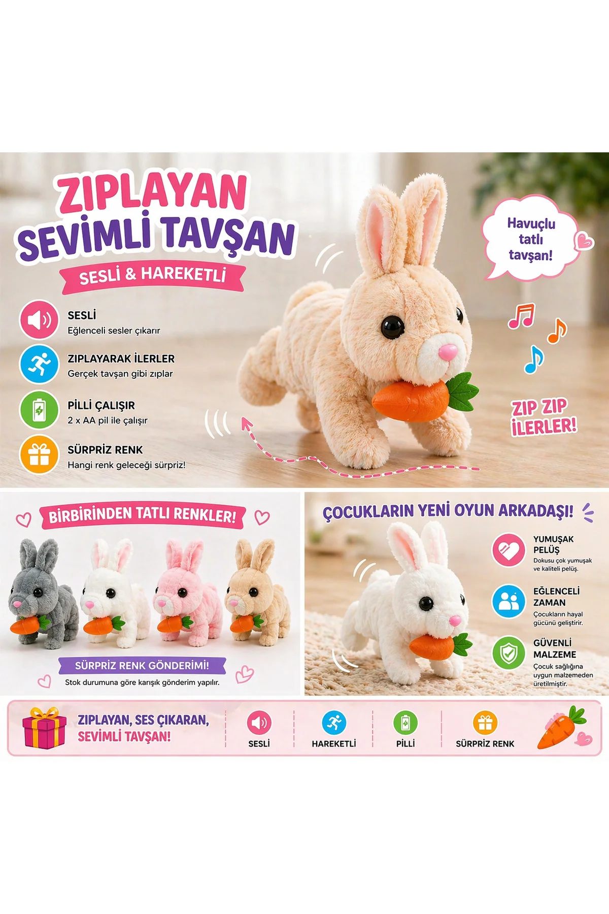 Sesli Hareketli Tavşan Oyuncak – Zıplayan Peluş Tavşan (Havuçlu)