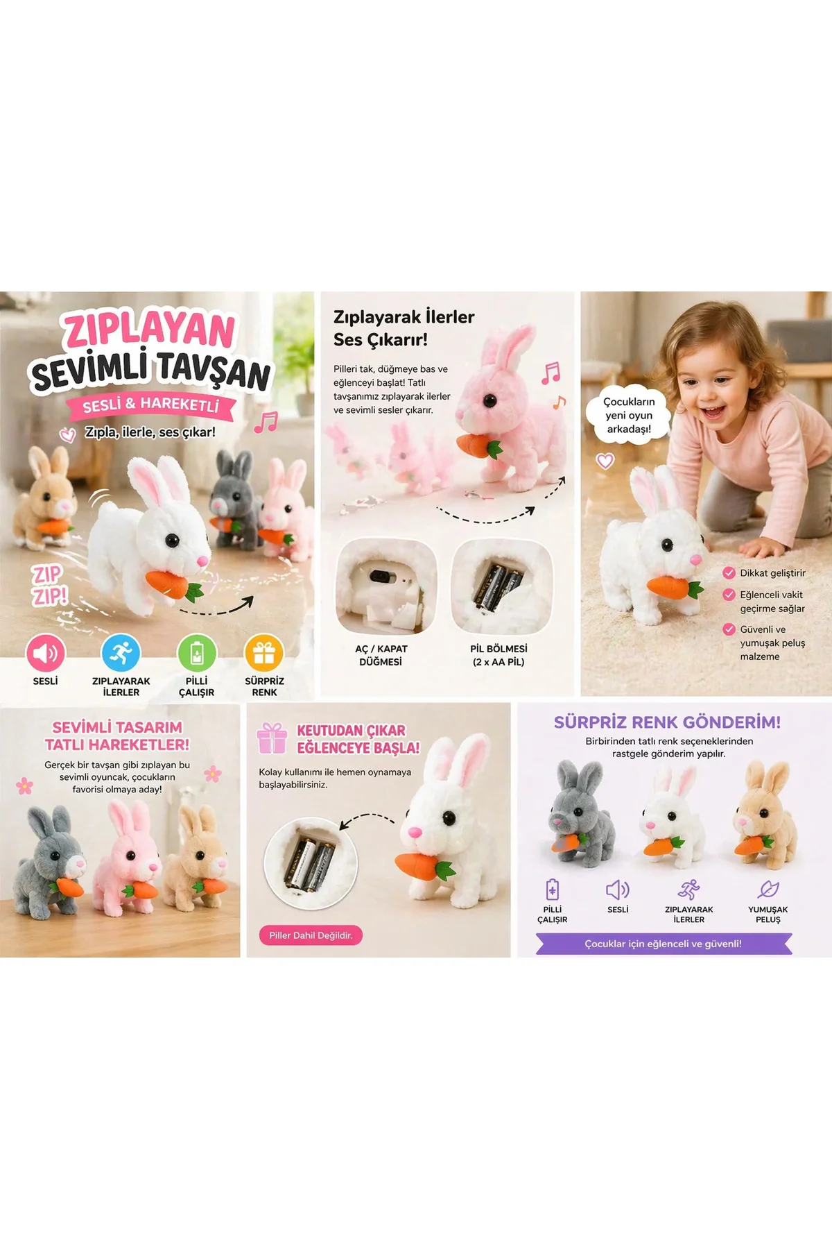 Sesli Hareketli Tavşan Oyuncak – Zıplayan Peluş Tavşan (Havuçlu)