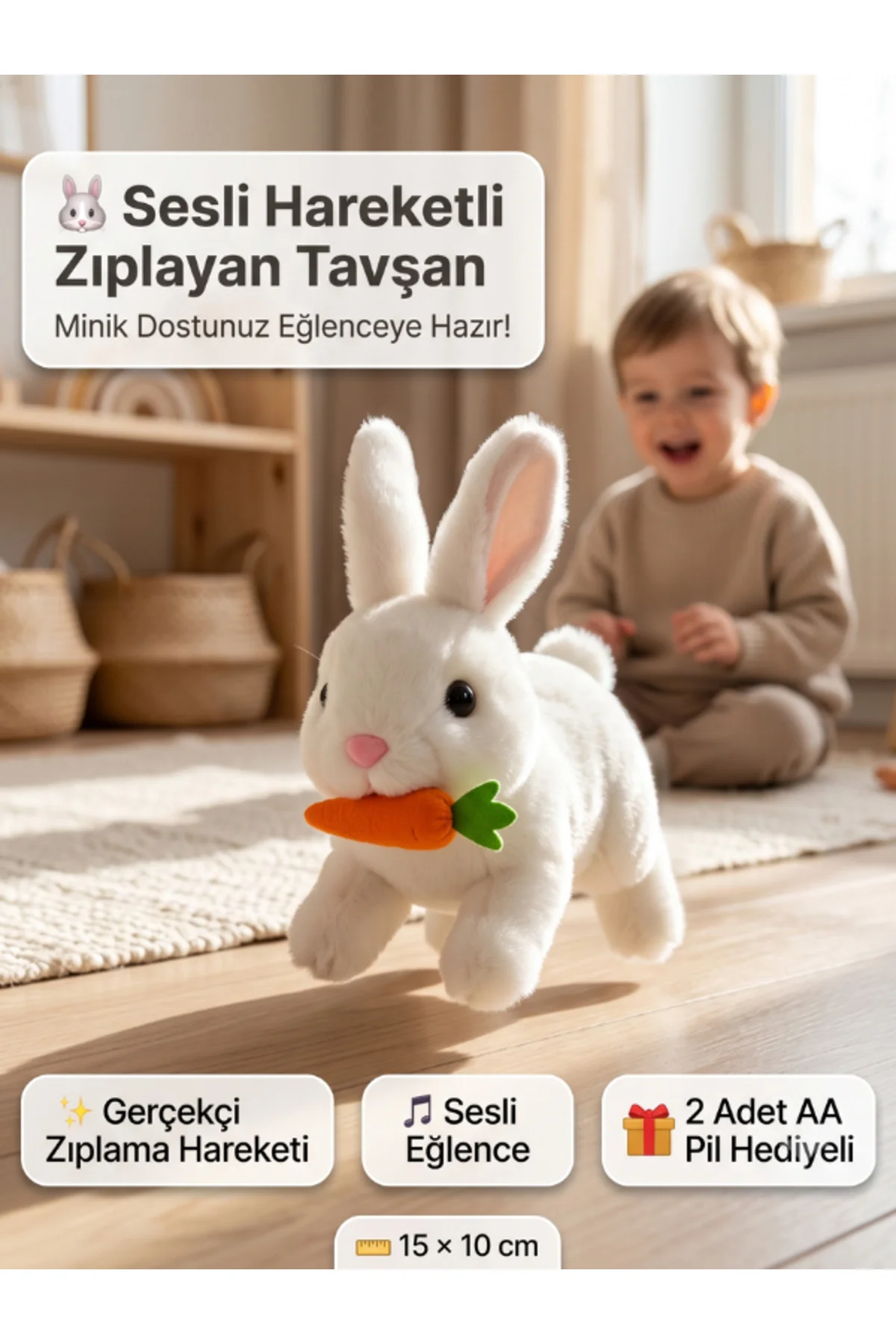 Sesli Hareketli Zıplayan Tavşan Oyuncak 15x10 cm, 2 Adet AA Pil Hediyeli Peluş Tavşan Sesli Hareketli Zıplayan Tavşan Oyuncak 15x10 cm, 2 Adet AA Pil Hediyeli Peluş Tavşan
