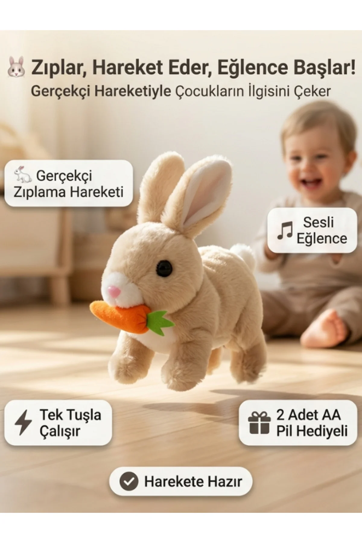 Sesli Hareketli Zıplayan Tavşan Oyuncak 15x10 cm, 2 Adet AA Pil Hediyeli Peluş Tavşan Sesli Hareketli Zıplayan Tavşan Oyuncak 15x10 cm, 2 Adet AA Pil Hediyeli Peluş Tavşan