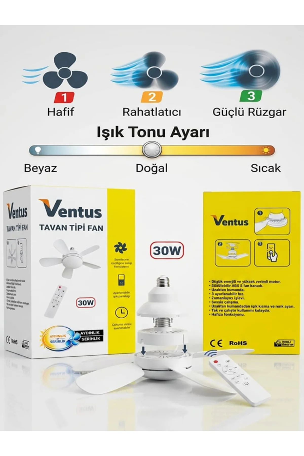 Sessiz Çalışma 5 Fan Kanat ve Işıklı Uzaktan Kumandalı Tavan Tipi Vantilatör - Görsel 2
