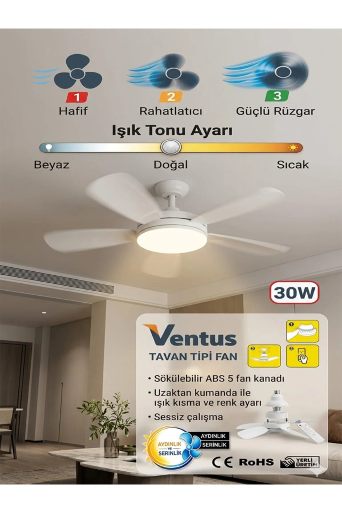 Sessiz Çalışma 5 Fan Kanat ve Işıklı Uzaktan Kumandalı Tavan Tipi Vantilatör Sessiz Çalışma 5 Fan Kanat ve Işıklı Uzaktan Kumandalı Tavan Tipi Vantilatör - Görsel 4