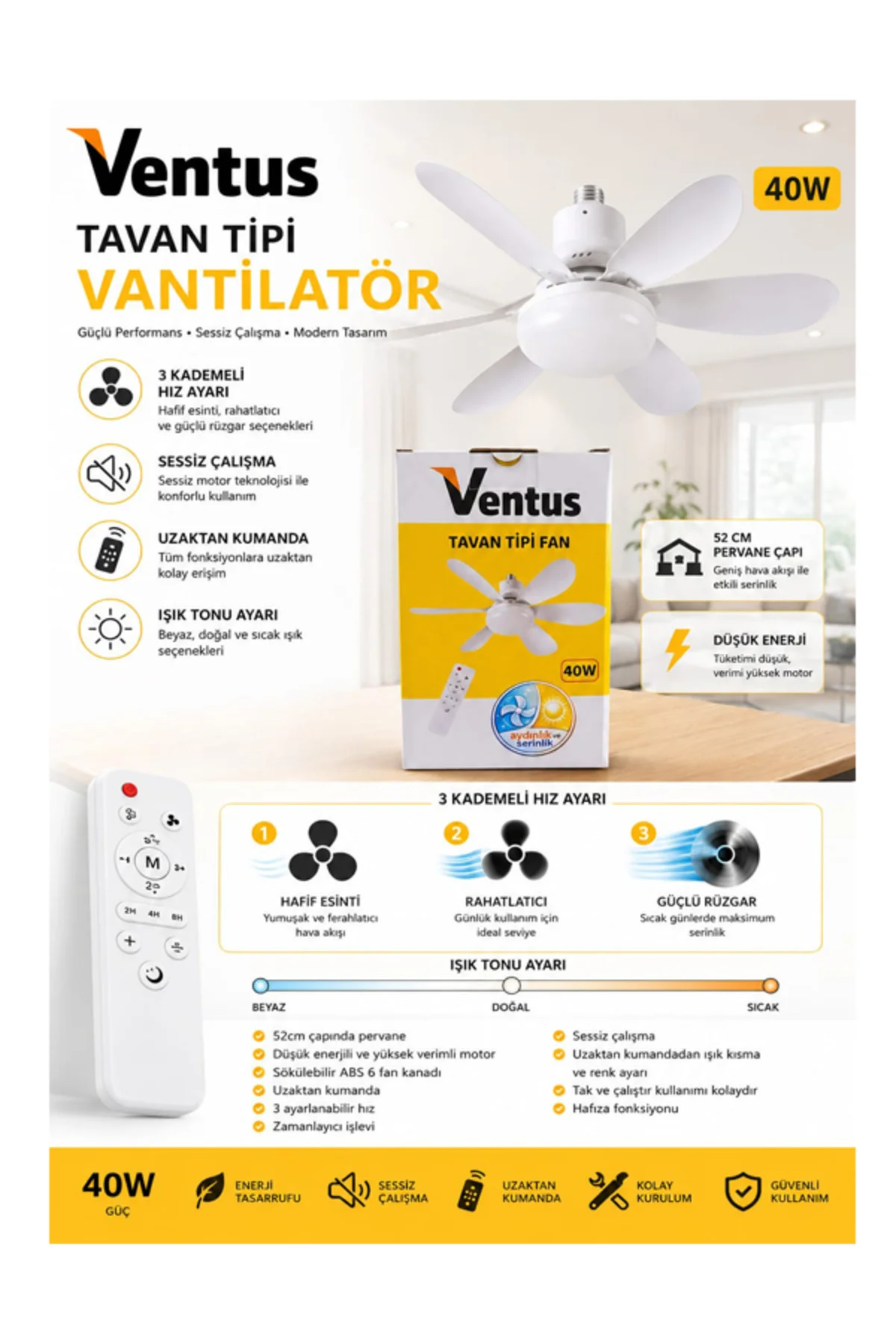Sessiz Çalışma 6 Kanat ve Işıklı Uzaktan Kumandalı Tavan Tipi Vantilatör-Tavan Fanı 40W