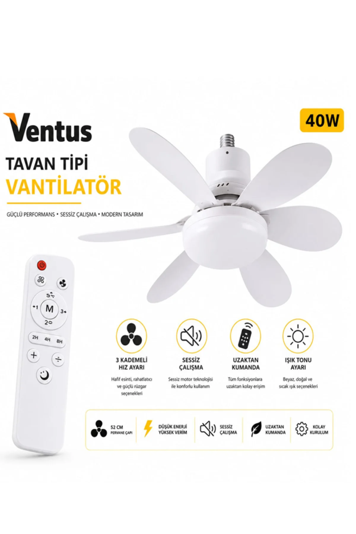 Sessiz Çalışma 6 Kanat ve Işıklı Uzaktan Kumandalı Tavan Tipi Vantilatör-Tavan Fanı 40W El Fanı Hediyeli.!