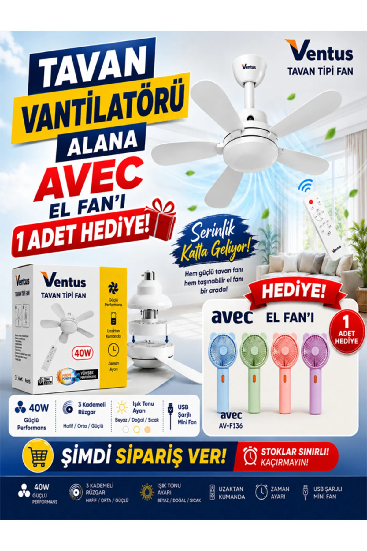 Sessiz Çalışma 6 Kanat ve Işıklı Uzaktan Kumandalı Tavan Tipi Vantilatör-Tavan Fanı 40W El Fanı Hediyeli.!