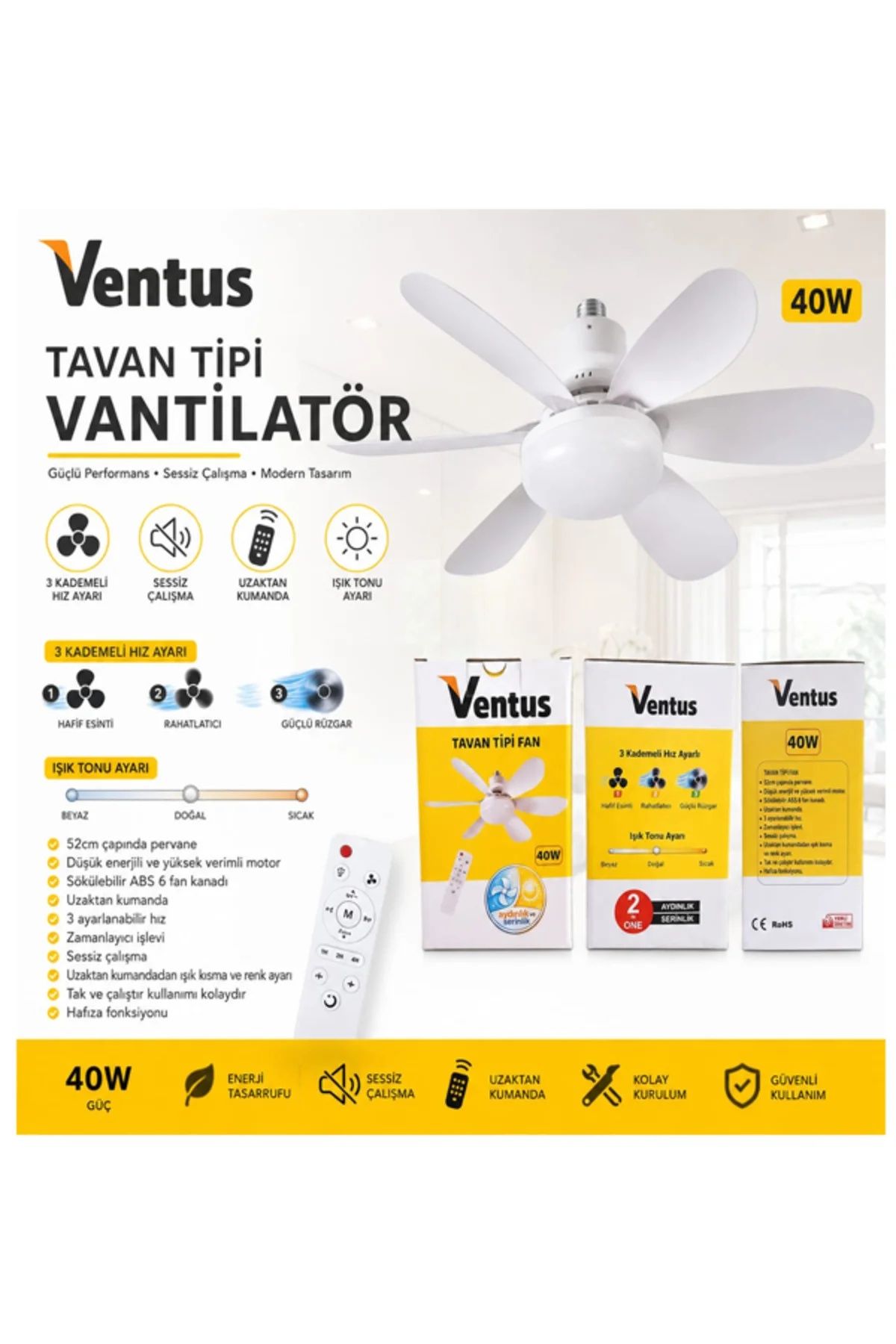 Sessiz Çalışma 6 Kanat ve Işıklı Uzaktan Kumandalı Tavan Tipi Vantilatör-Tavan Fanı 40W