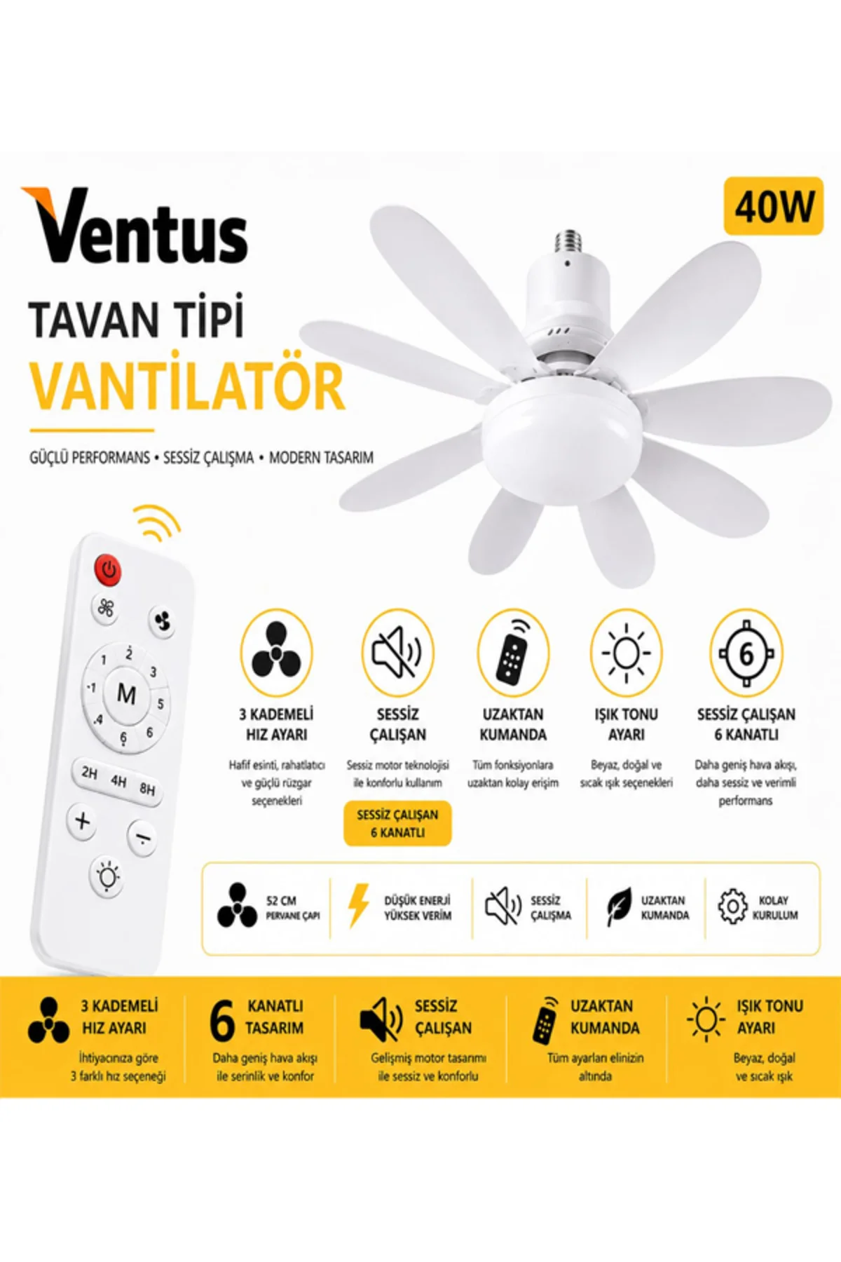 Sessiz Çalışma 6 Kanat ve Işıklı Uzaktan Kumandalı Tavan Tipi Vantilatör-Tavan Fanı 40W El Fanı Hediyeli.!