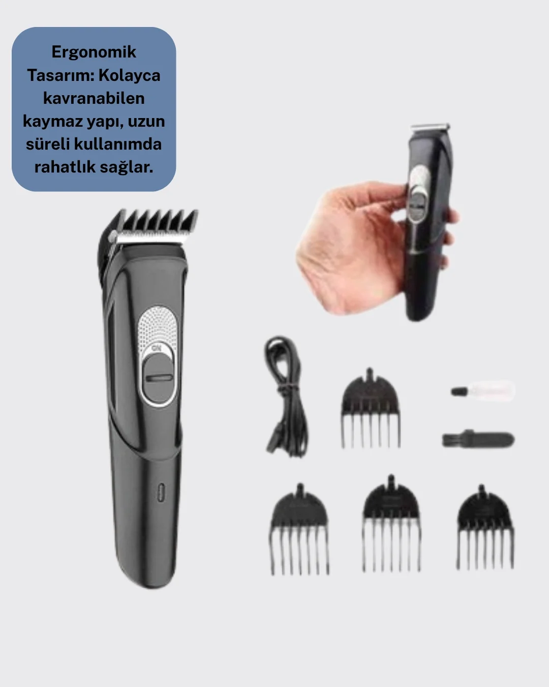 Sessiz Motorlu, Kablosuz Kullanımlı Şarjlı Saç ve Sakal Kesme Makinesi – Taraklı Set