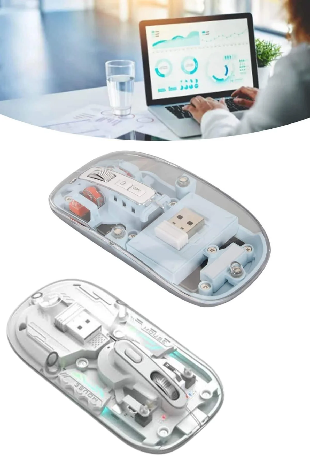 Sessiz Tıklama Çift Modlu Bluetooth Ve Alıcı Şeffaf Mouse Fare