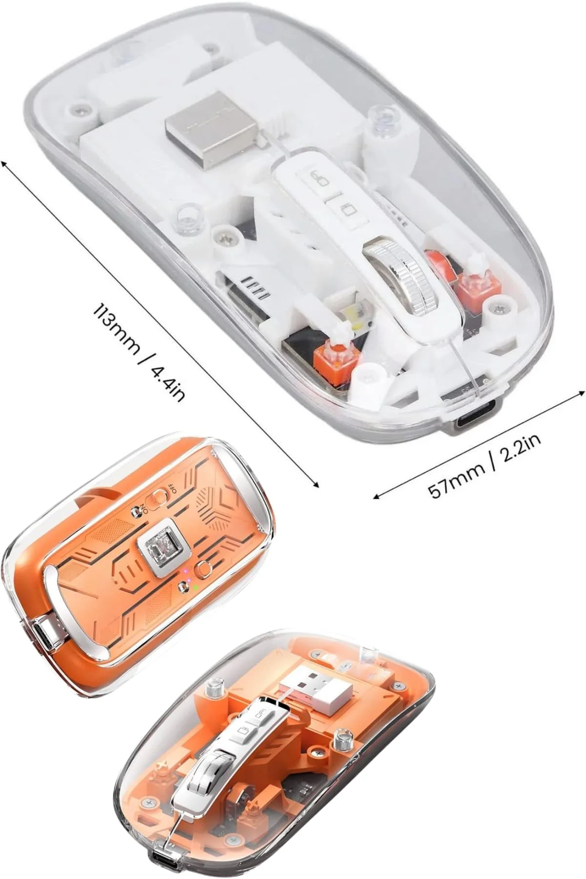 Sessiz Tıklama Çift Modlu Bluetooth Ve Alıcı Şeffaf Mouse Fare