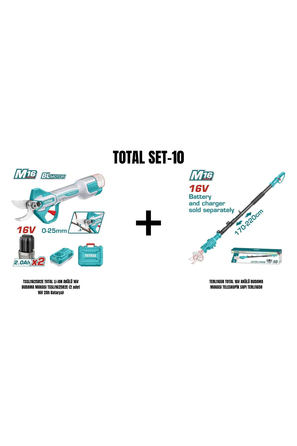 Set-10 (TOTAL LI-ION AKÜLÜ 16V BUDAMA MAKASI+TOTAL 16V AKÜLÜ BUDAMA MAKASI TELESKOPİK SAPI) Fiyatı, Yorumları ve Özellikleri