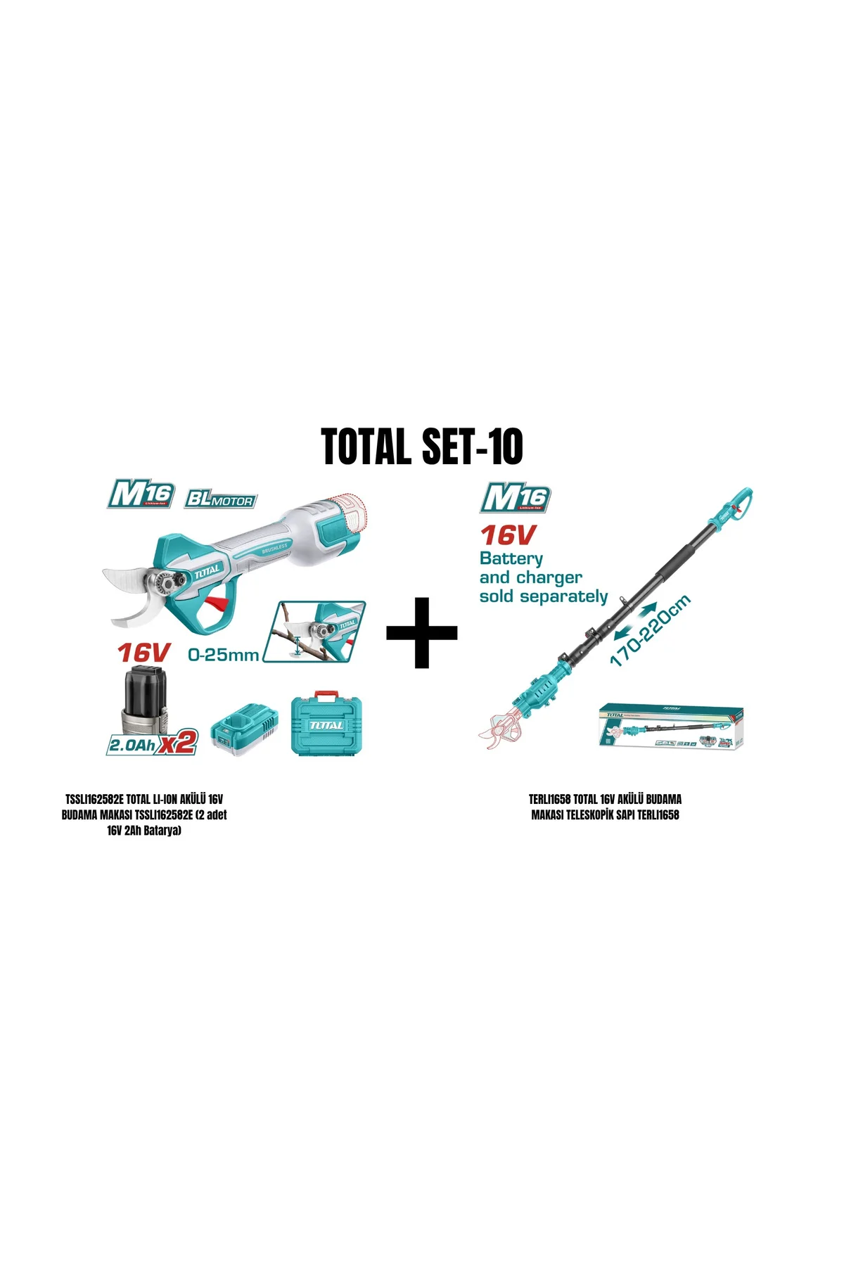 Set-10 (TOTAL LI-ION AKÜLÜ 16V BUDAMA MAKASI+TOTAL 16V AKÜLÜ BUDAMA MAKASI TELESKOPİK SAPI) Fiyatı, Yorumları ve Özellikleri