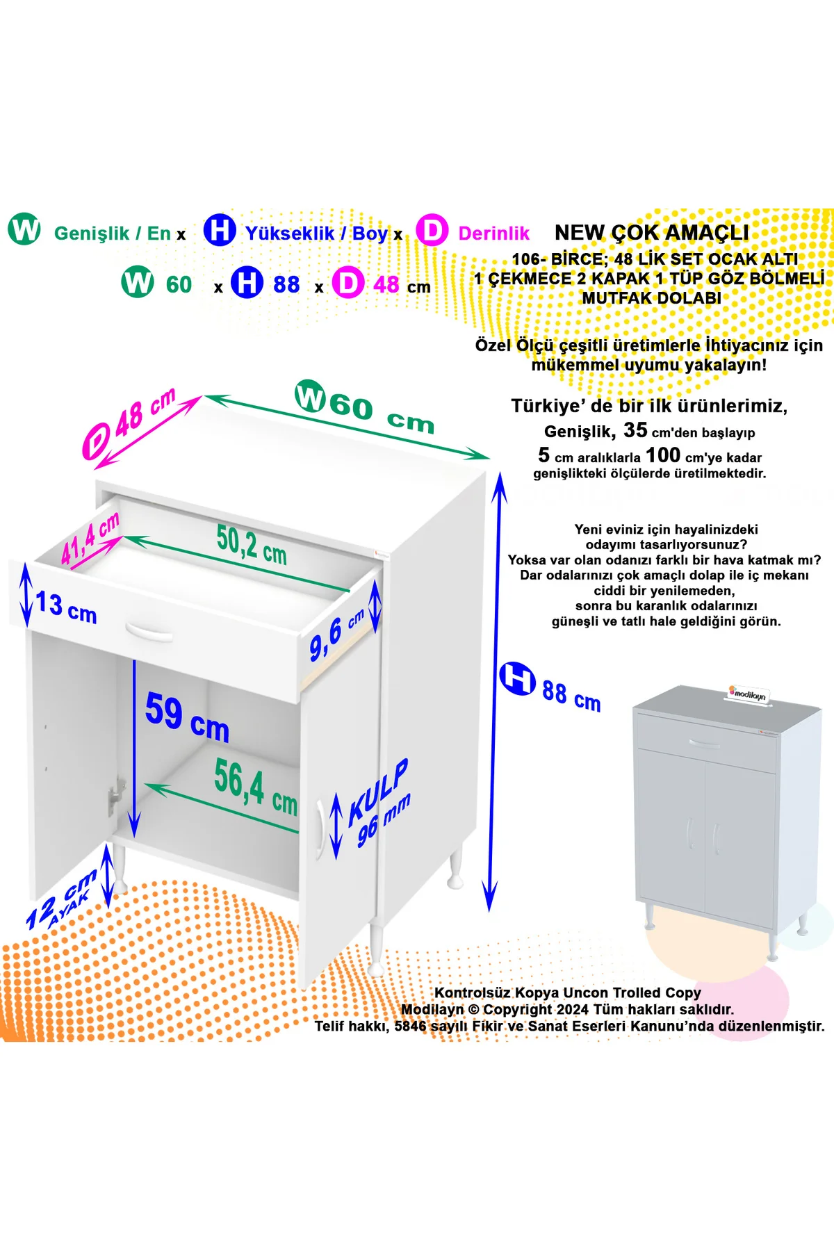 Set Altı Dolap Mutfak Dolabı Çok Amaçlı Dolap Tüp Dolabı Çekmecel