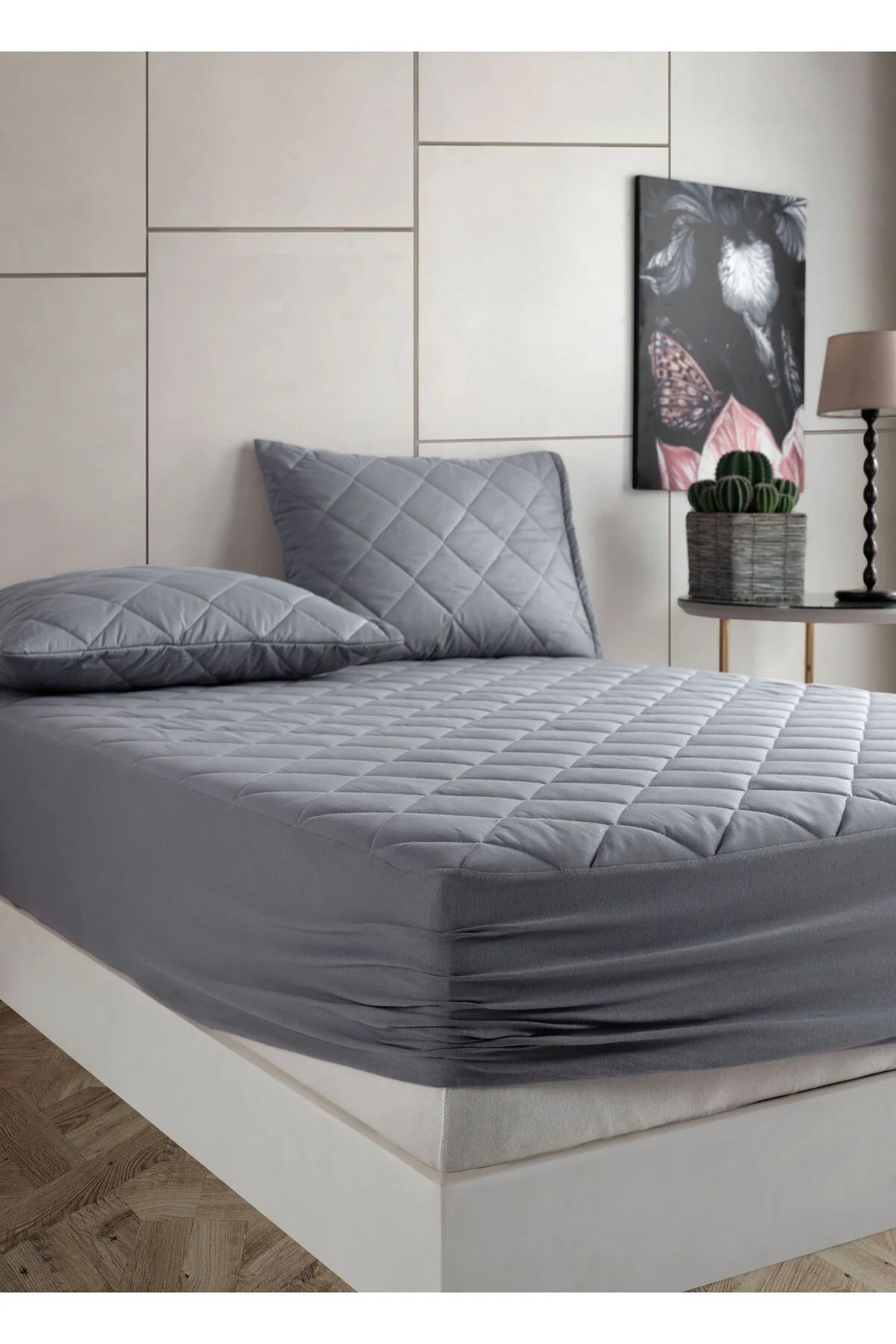 Set Pamukkale Alez Gri %100 Pamuk Kapitone Yatak Koruyucu-2 Adet Yastık Koruyucu Alez(11 Ebat)